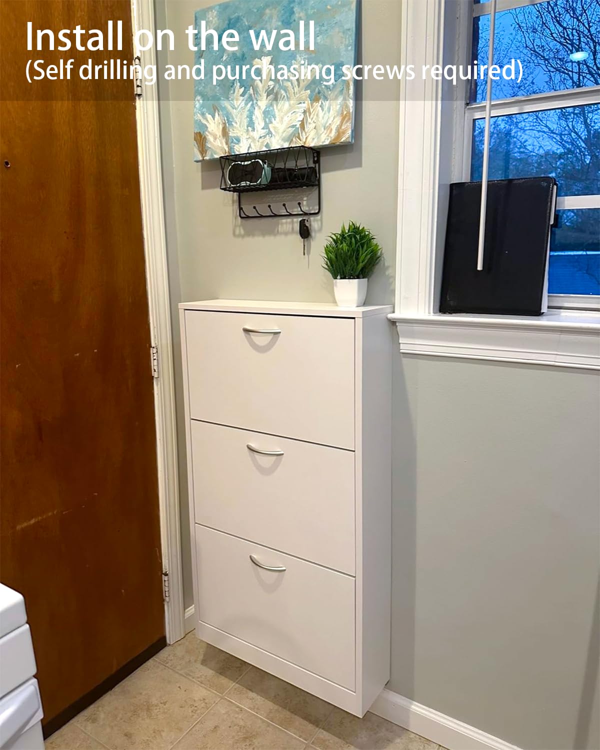 HOPUBUY Shoe Cabinet for Entryway, White Narrow Shoe Storage Cabinet Flip Down Shoe Rack Wood 3 Tier Shoe Organizer for Home and Apartment HOPUBUY