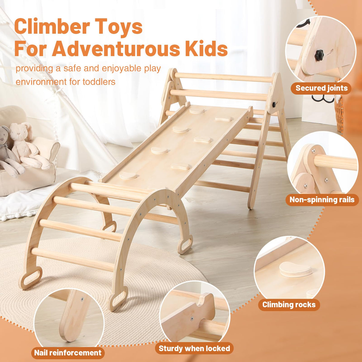 JungleDove 5 in 1 Wooden Climbing Toys for Toddlers - Foldable Climbing Triangle,Arch Climber, Climp Ramp - Montessori Toys for Babies Kids Climbing Toys Indoor & Outdoor - Girls & Boys Gift JungleDove