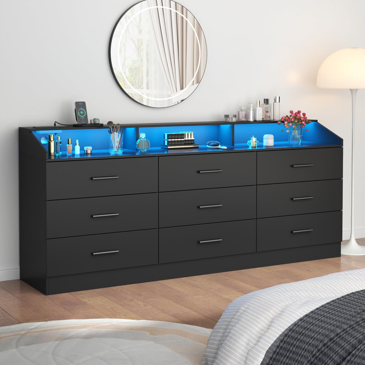 Gyfimoie 9 Drawers Dresser for Bedroom with Power Outlet, Chest of Drawers with LED Light, Modern Dressers with Open Storage Cubby, Triple Wide Dressers Organizer for Living Room (Black-) Gyfimoie