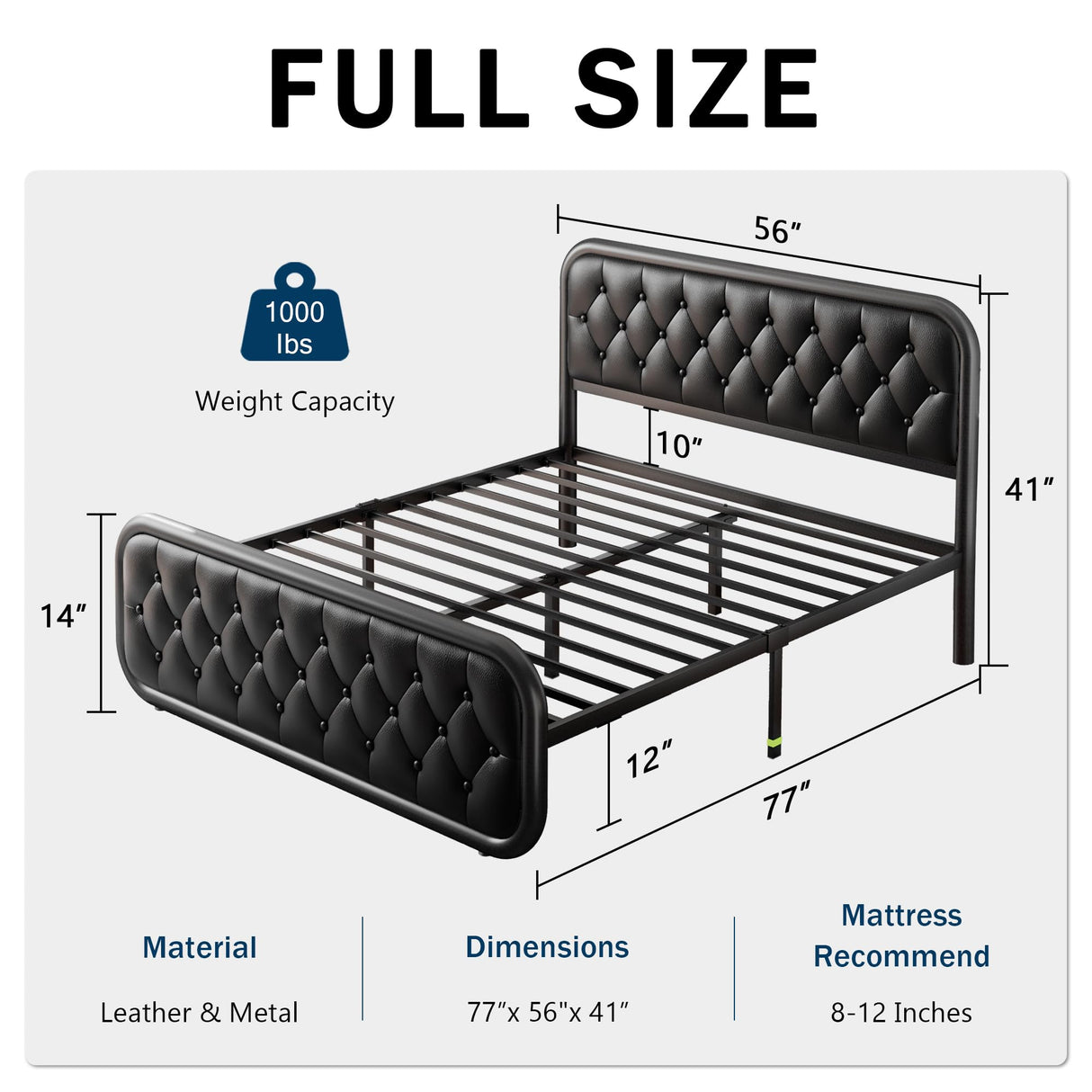 GalnFu Full Metal Bed Frame, Upholstered Bed with Leather Button-Tufted Headboard & Footboard, Heavy-Duty U-Shape Platform Bed, Easy Assembly, Black GalnFu