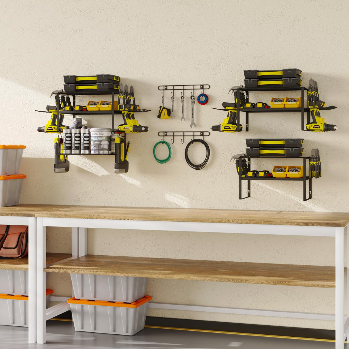 Homsorout Garage Shelves Wall Mounted - with Wire baskets, Heavy Duty Garage Wall Shelving with Hooks, Wire Shelf Baskets Tool Organizer for Home Garden Garage Organization and Storage Homsorout