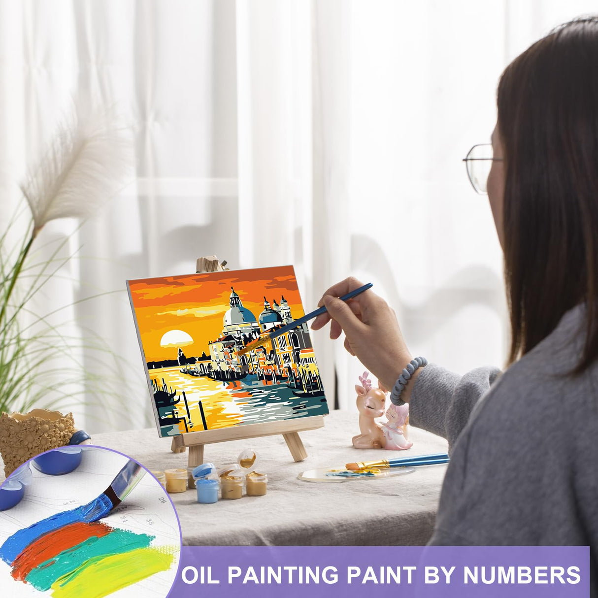 4 Pack Framed Paint by Numbers Kit for Adults – 8x8in Canvas Wall Art Set – Pre-Stretched Wooden Frame, Full Paint Set with Brushes & Velcro – DIY Number Painting for Home Décor, Gifts, Relaxation antor