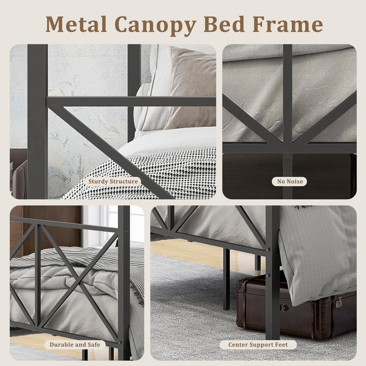 Queen Canopy Bed Frame, Metal Canopy Beds with 4 Poster Design and Geometric Accented Headboard and Footboard, No Box Spring Needed, Underbed Storage Space HomJoones