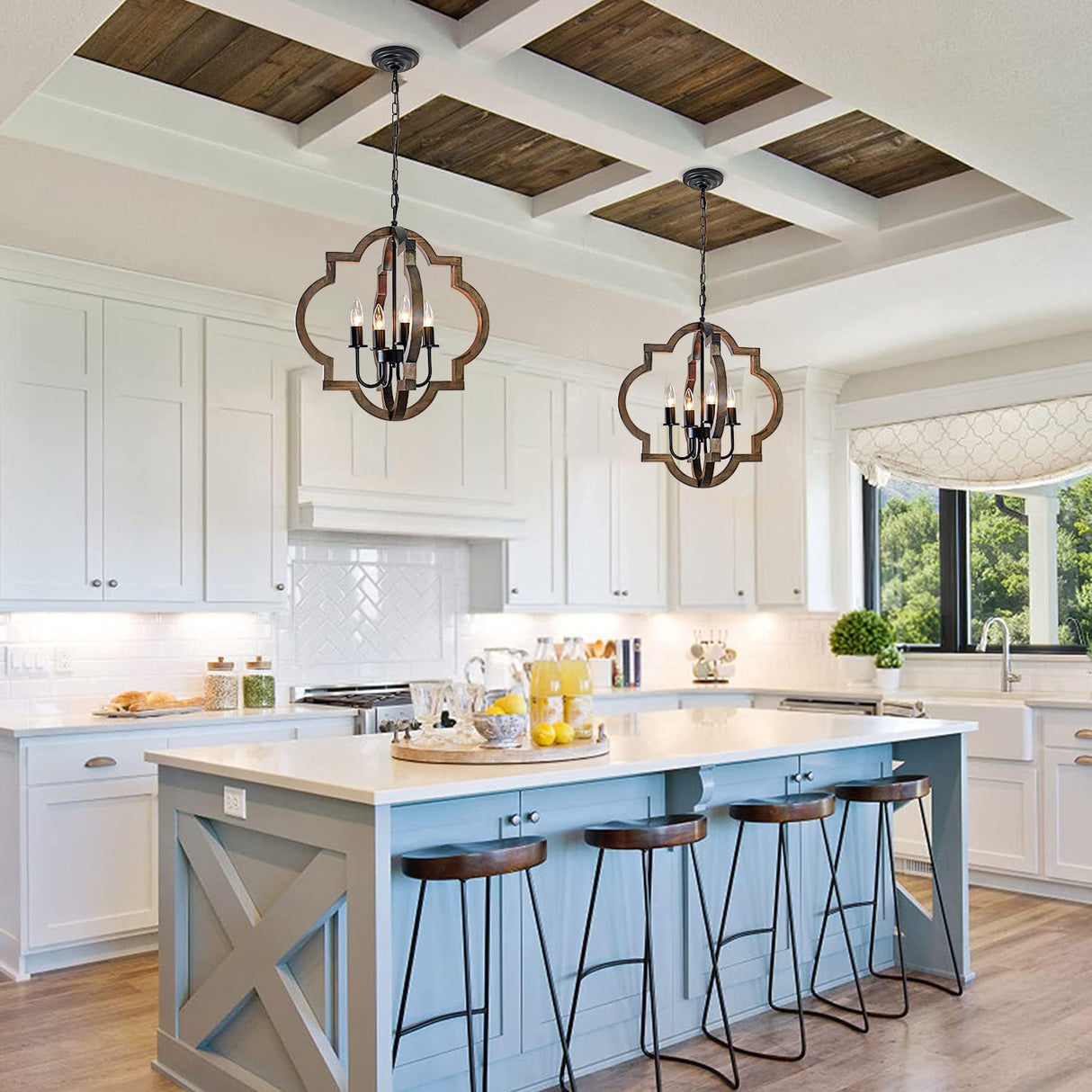 Rviezza 19.49'' Farmhouse Wood Chandelier, 4-Light Rustic Dining Room Light Fixture, Orb Chandelier Light Adjustable Height, Pendant Lighting for Kitchen Island Foyer Living Room Over Dining Table Rviezza