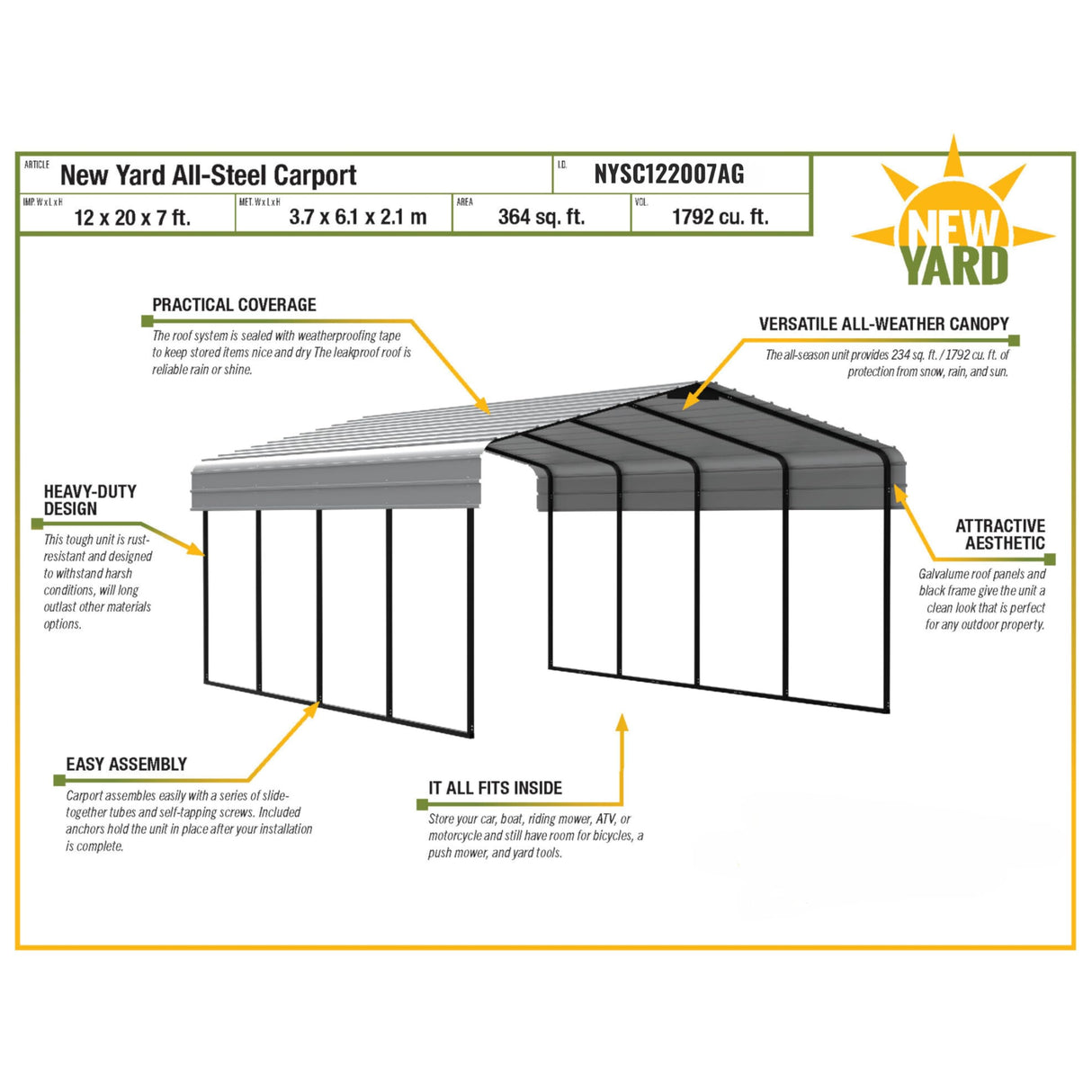 New Yard 12 x 20 x 7 ft Heavy Duty All Steel Carport – All-Weather Steel Canopy Shelter and Steel Frame for Cars, Trucks, Boats, and Outdoor Equipment NEW YARD