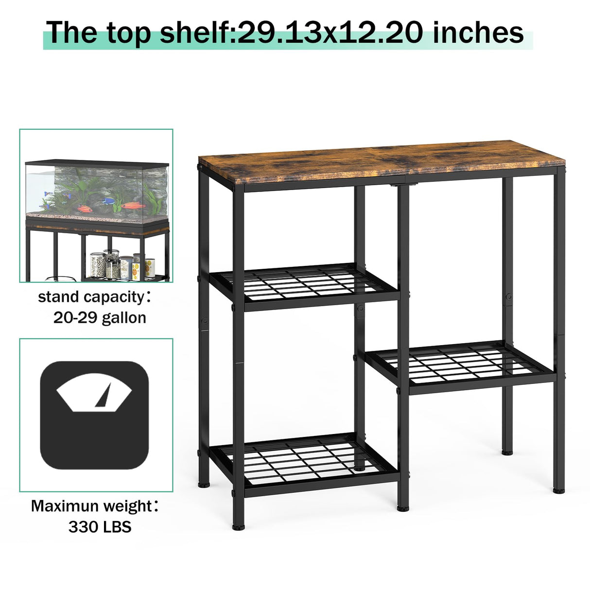 YBING 20 Gallon Fish Tank Stand Aquarium Stand with Board Reptile Tank Stand with 3-Tier Small Mesh Shelves 29" L x12 W x 30" H Brown YBING