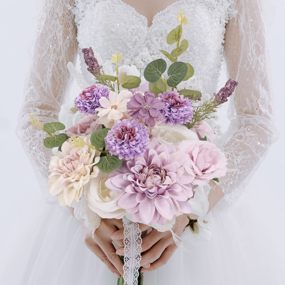 Floweroyal Artificial Flowers Combo Purple Flowers Mix Silk Flowers Dahlia Roses with Stems for DIY Wedding Bridal Bouquets, Baby Shower, Floral Arrangement, Table Centerpieces, Home Decorations. Floweroyal