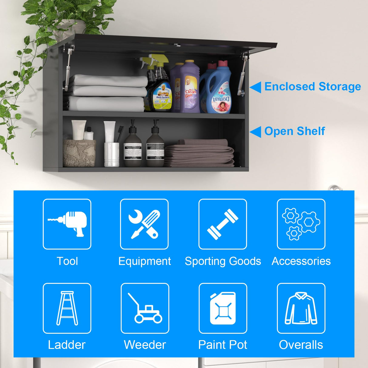 Polup Garage Wall Storage Cabinets with Up-Flip Door, Open Shelf Metal Tool Cabinet, Wall-Mounted Locking Cabinet, 20”H One Door Utility Upper Cabinet for Garage Basement Workshop-Assembly Required Polup