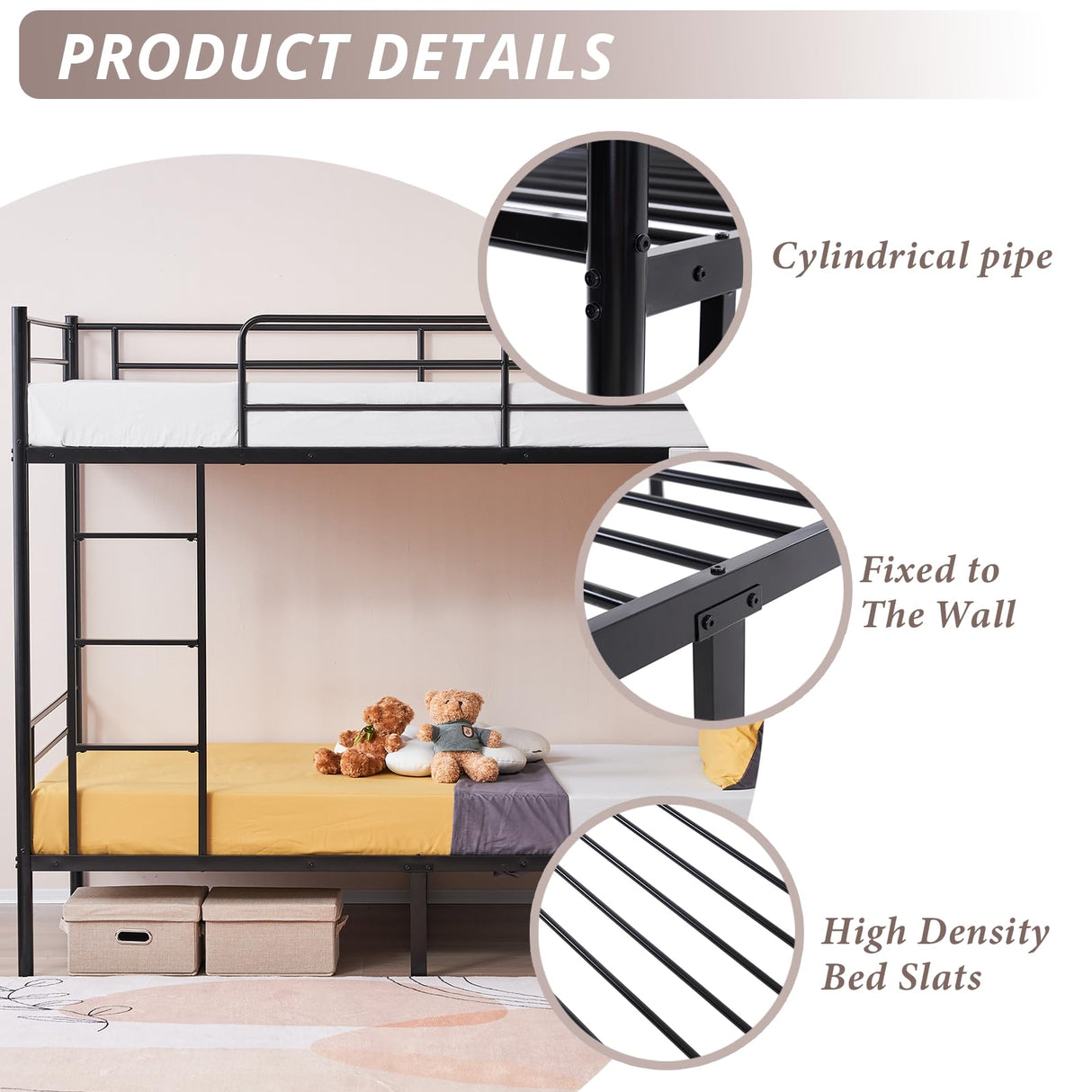 Karl home Black Bunk Bed Twin Over Twin, Metal Bunk Bed with Built-in Ladder and Safety Guardrail, Space-Saving Twin Bunk Beds for Kids, Teens & Adults, No Box Spring Karl home