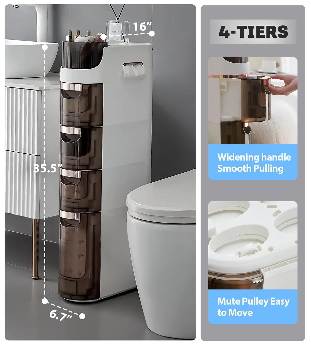 Lozovin 4-Tiers Slim Bathroom Storage Cabinet, Waterproof Narrow Floor Cabinet with Tissue Box and Wheels, Skinny Storage Organizer with Drawers for Small Spaces, Bathroom, Kitchen, Bedroom, 6.7″ Lozovin