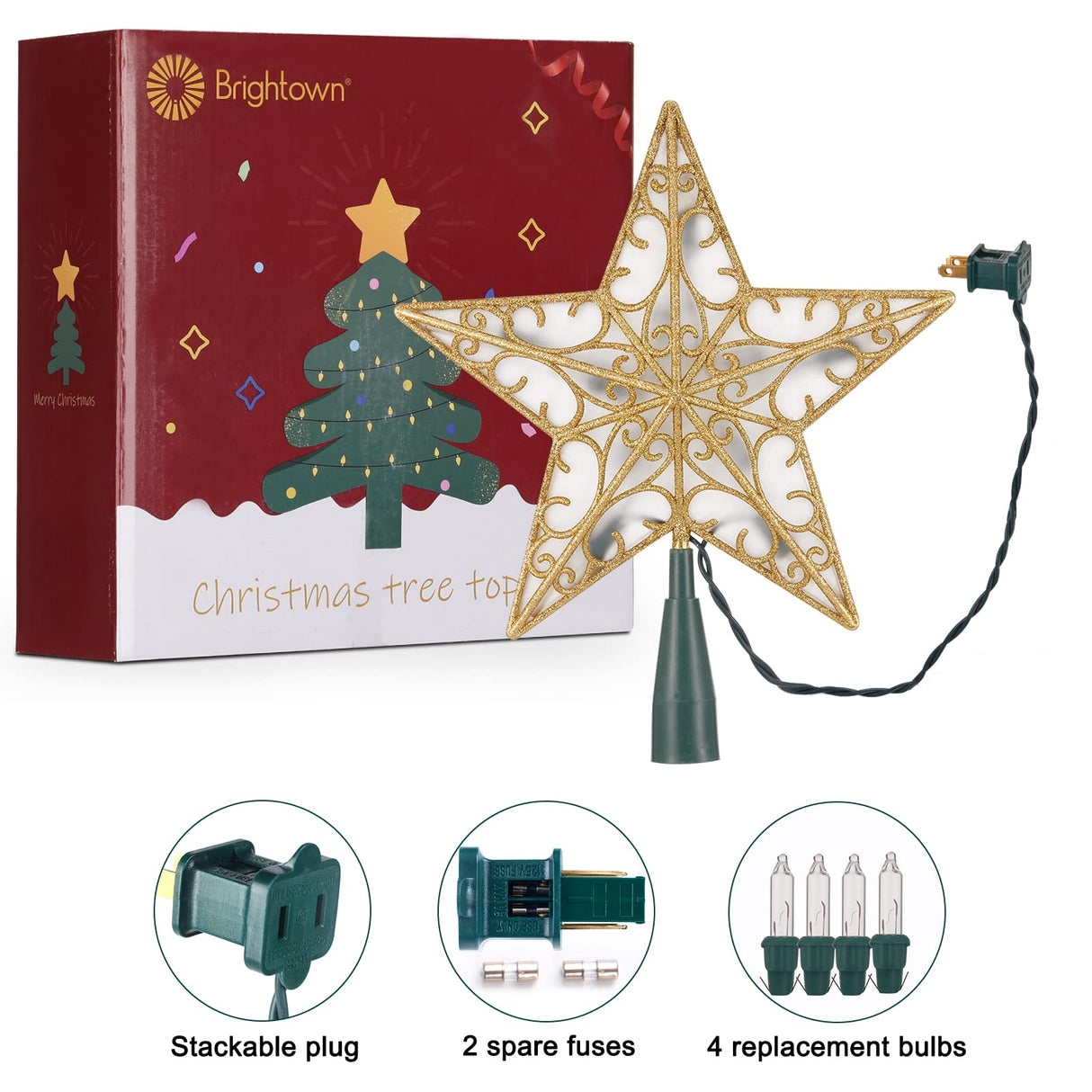 Christmas Star Tree Topper, 9.5 in Plug in Golden Glittered 3D Star Tree Topper, Metal Hollow Designed Built-in 10 Bulbs String Lights for Indoor Office Christmas New Year Holiday Tree Decoration Brightown