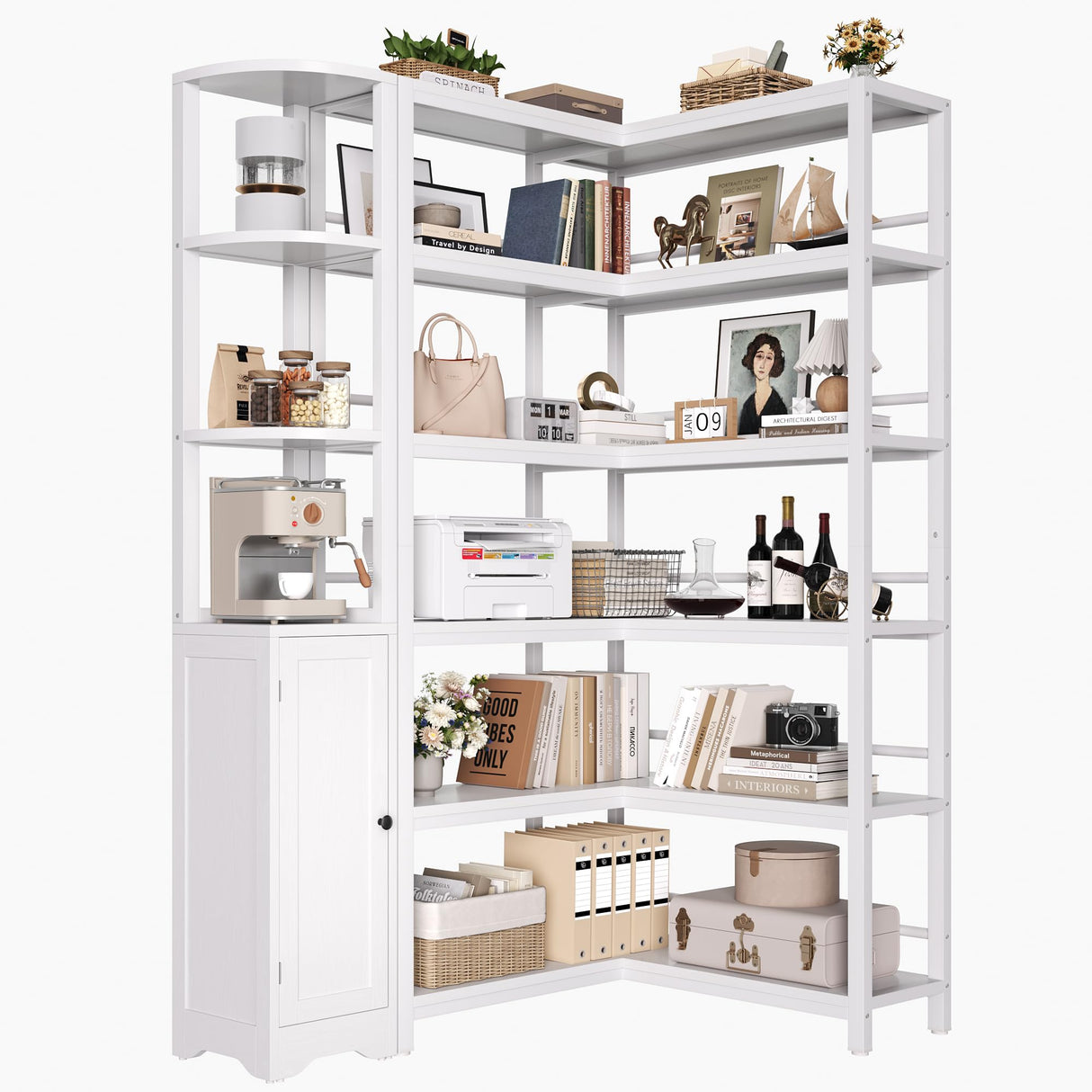 Keyluv 72" Tall Corner Bookshelf with Door, 6-Tier L Shaped Bookshelves and Bookcase with Storage Cabinet, 2 Pieces Individual Convertible Book Shelf, Display Shelf for Home Office Living Room, White Keyluv
