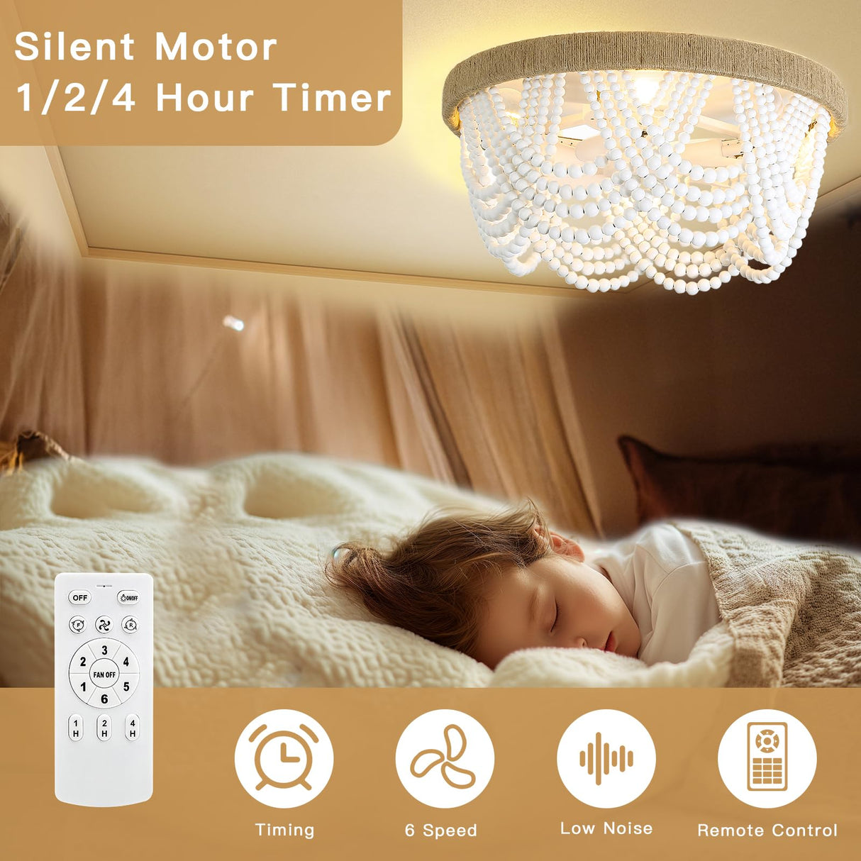 20 Inch Boho Ceiling Fan with Lights, Rustic Flush Mount Beaded Ceiling Fans with Lights and Remote Control, 6-Speed Reversible Bladeless Ceiling Fan for Kitchen, Bedroom, Living Room, Dining POPRHINO