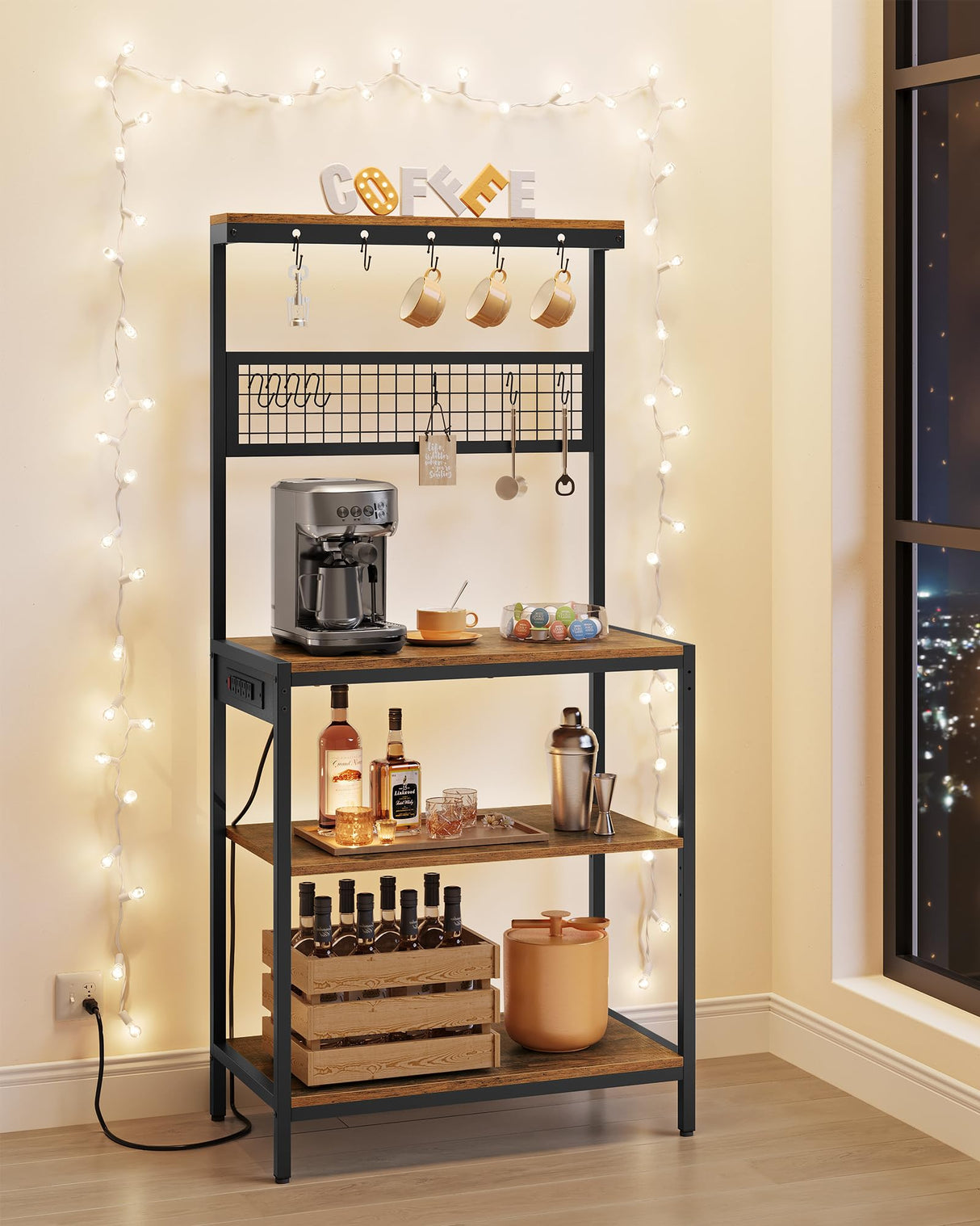 VASAGLE Bakers Rack with Charging Station, 31.5 Inches Coffee Bar Stand with Adjustable Storage Shelf, Grid Panel, 12 Hooks, Table for Microwave, Kitchen, Rustic Brown and Ink Black UKKS016K01 VASAGLE