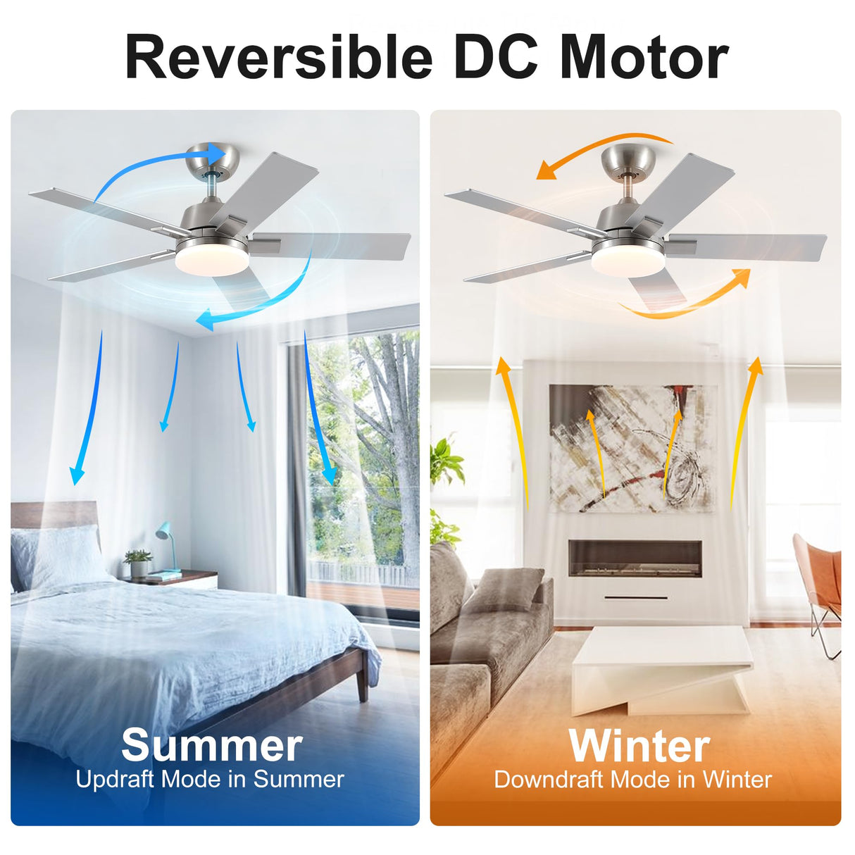 42 Inch Ceiling Fans with Lights and Remote, Brushed Nickel Ceiling Fan, 6 Speed Reversible DC Motor, 3CCT Dimmable LED, Modern Design for Bedroom, Living Room & Covered Outdoor,Includes Downrod Rayqueen