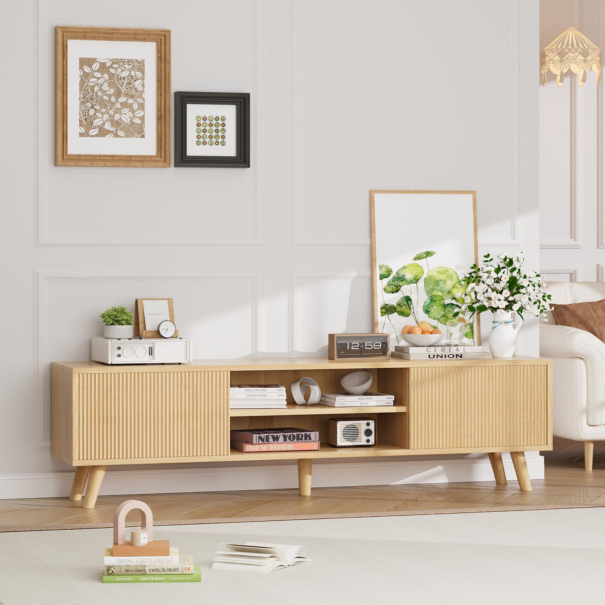 Buenhomino TV Stand for TVs Up to 75 Inches, Boho Entertainment Center Wood TV Stand with Fluted Sliding Doors & Shelves, TV Console Table Media Cabinet with Storage for Living Room Bedroom, Natural Buenhomino