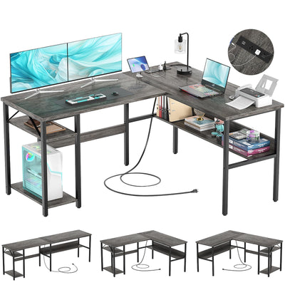 Hyomdeck Reversible L Shaped Gaming Desk with Power Outlets and USB Charging Ports, Sturdy Computer Desk with Storage Shelf, Modern Corner Desk Home Office Table, Easy to Assemble, Gray Oak