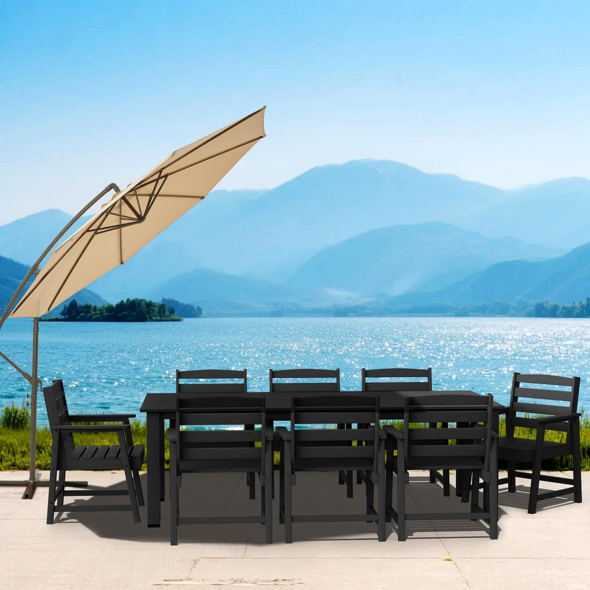 LOUNZY 9-Piece Patio Dining Set, 90'' Outdoor HDPE Luxury Table with 8 Weather-Resistant Chairs for Backyard, Deck, Lawn, Poolside, Black LOUNZY