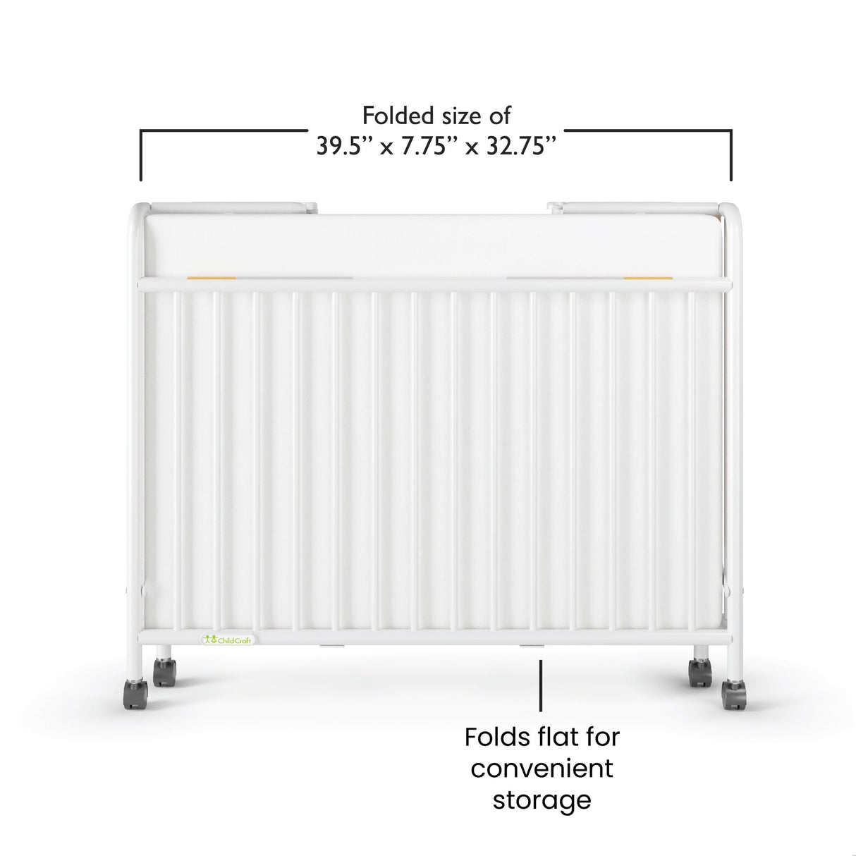 Child Craft Little Dreamer Metal Compact Folding Portable Crib with 2” Crib Mattress and 2 Easy Roll Locking Wheels, Durable Metal Construction, Easy to Clean (White) Child Craft