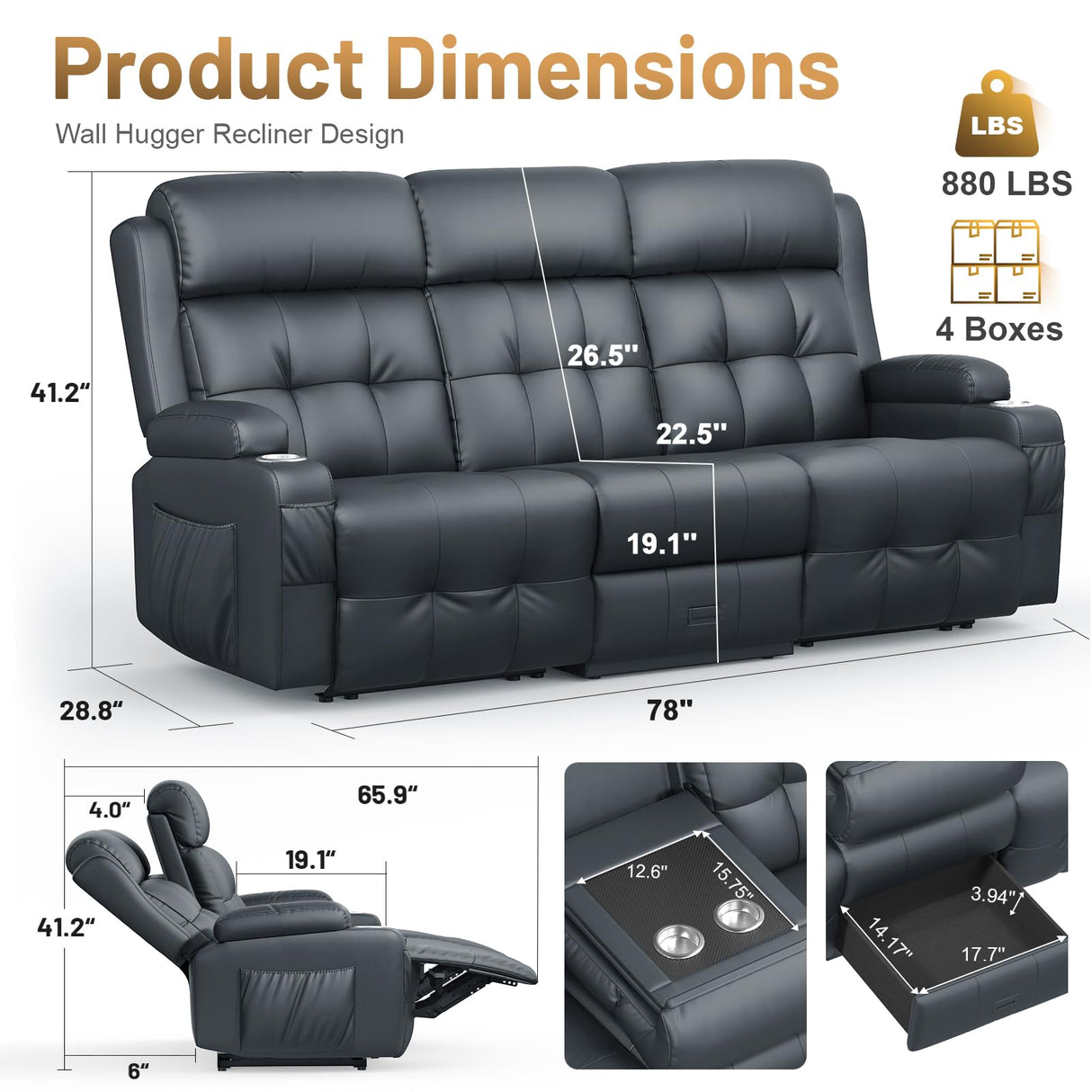 3-Seater Loveseat Recliner Sofa, Home Theater Seating Reclining Couch with Flip Middle Backrest, RV Wall Hugger Sleeper Sofa with Massage, Dawer & Cup Holders, 150° Recline for RV & Living Room TOMOSLTER