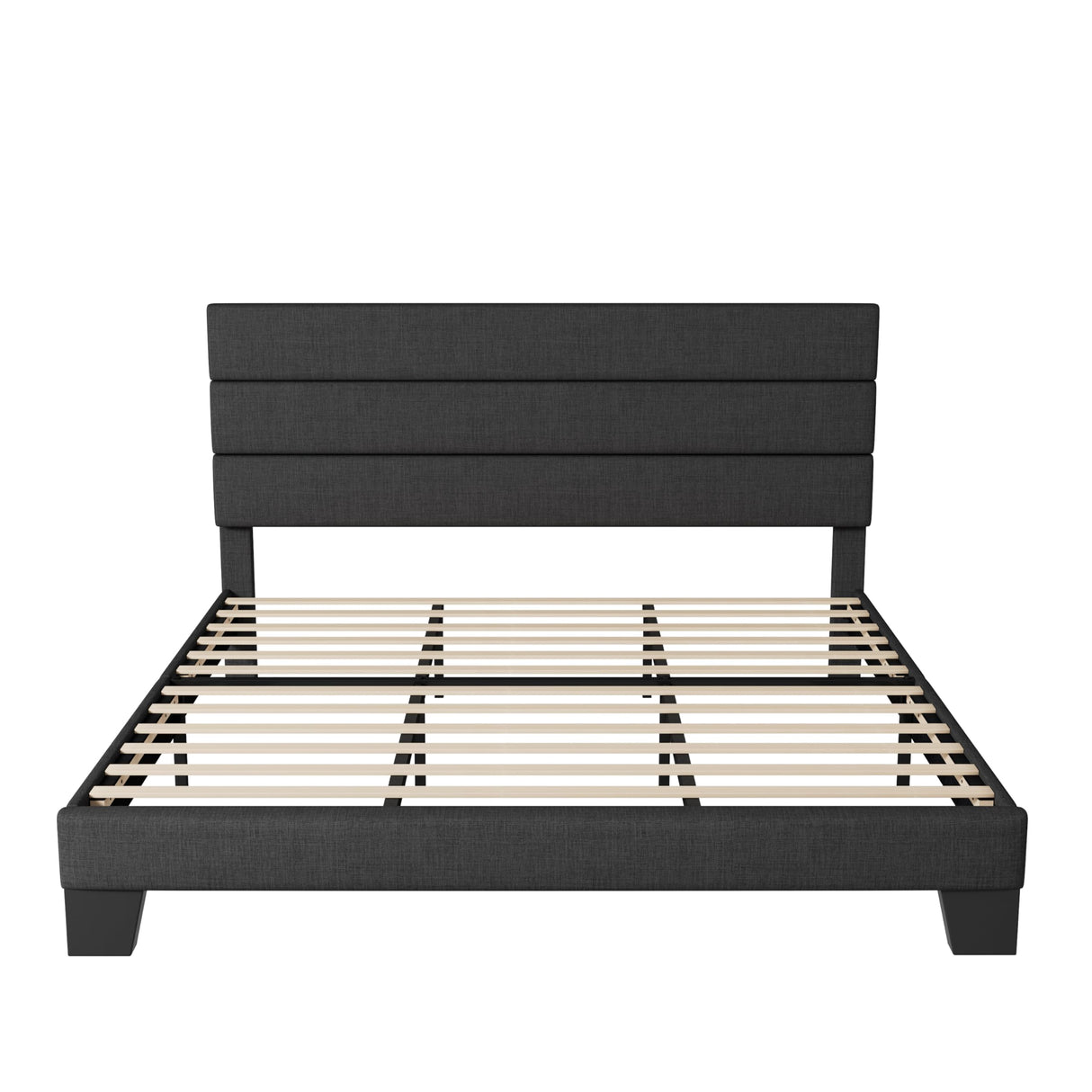 Allewie Dark Grey King Size Platform Bed Frame with Upholstered Headboard and Wooden Slats Allewie