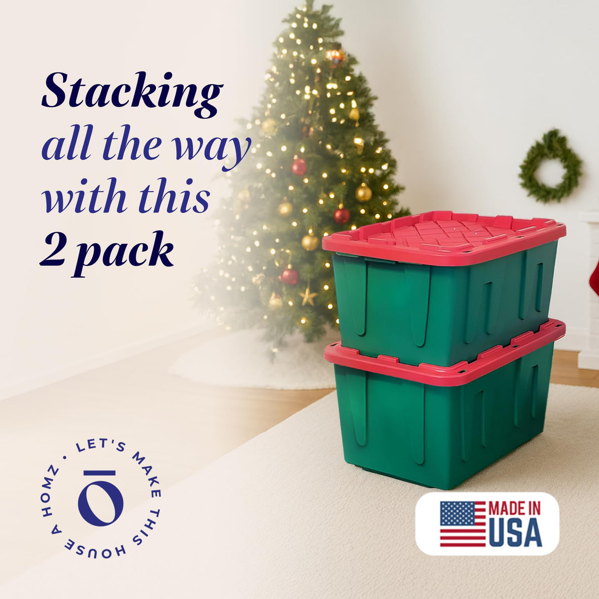 HOMZ 2-Pack Durabilt, Heavy Duty Plastic Storage Bins with Lids, 27 Gallon, Green/Red - Stackable Container Boxes for Holiday, Attic, and Garage Organization HOMZ