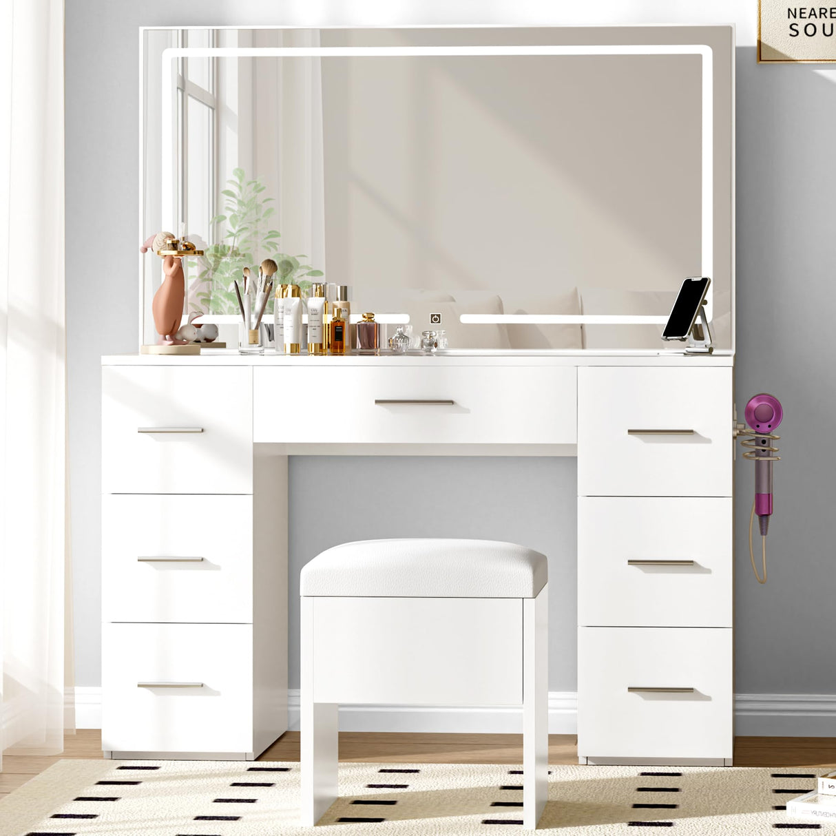 VALONDINO Makeup Vanity Desk with Power Outlet, 46'' Glass Top Vanity Set, 7 Drawers Vanity Table with Cushioned Stool, 3 Lighting Modes Brightness Adjustable,White VALONDINO