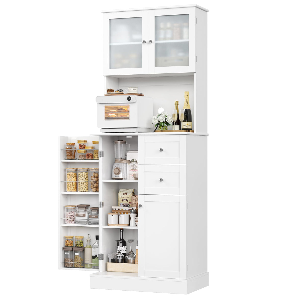 BOTLOG 72" Pantry Cabinet, Tall Storage Cabinet with Microwave Stand, Modern Kitchen Hutch with Glass Doors and Adjustable Shelf for Kitchen, Dining Room, White BOTLOG