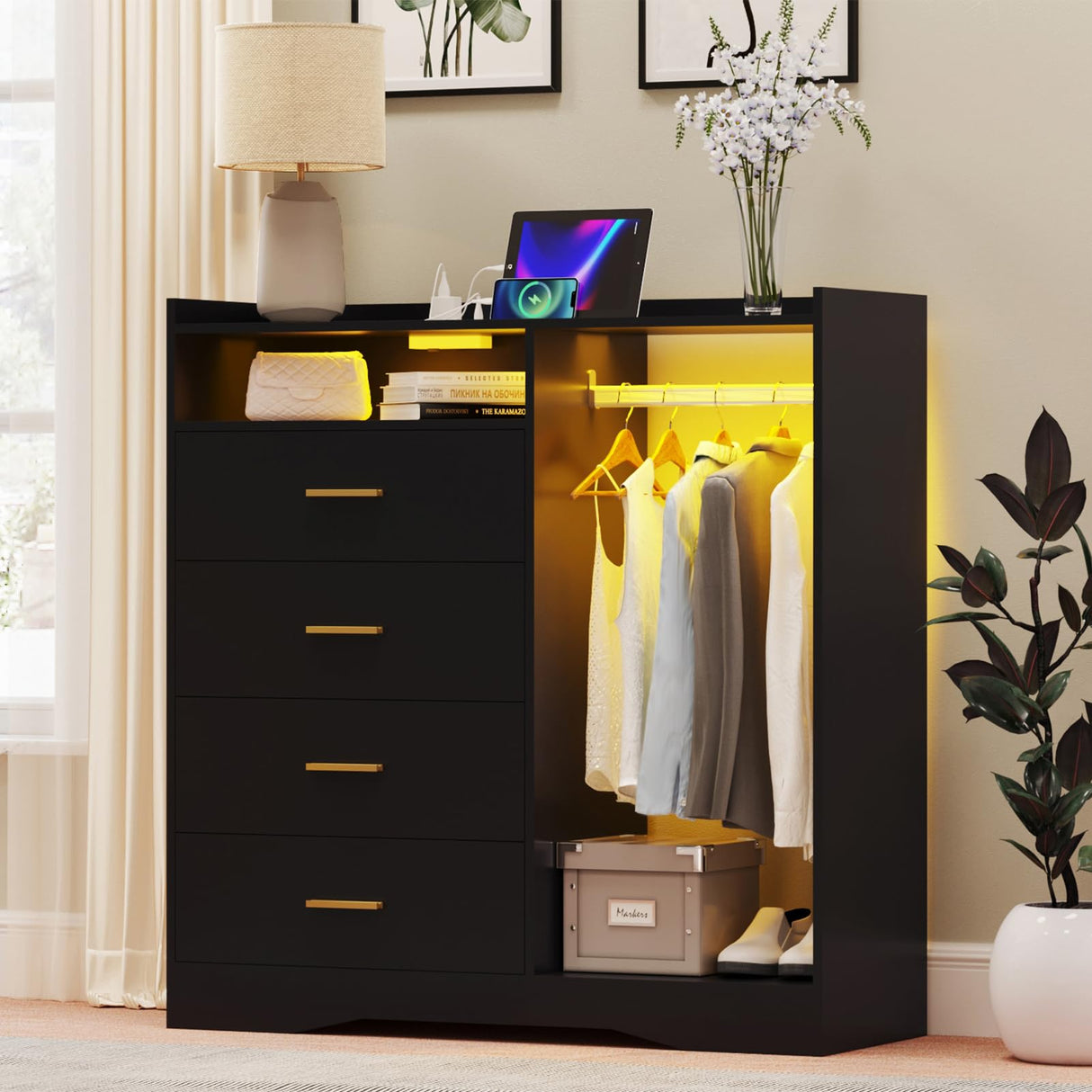 Wooden Dresser for Bedroom with Clothing Rack, Modern 4 Drawer Dresser with Charging Station and LED Lights, Storage Chest of Drawers for Small Space Hallway Closet (Black) amzzar