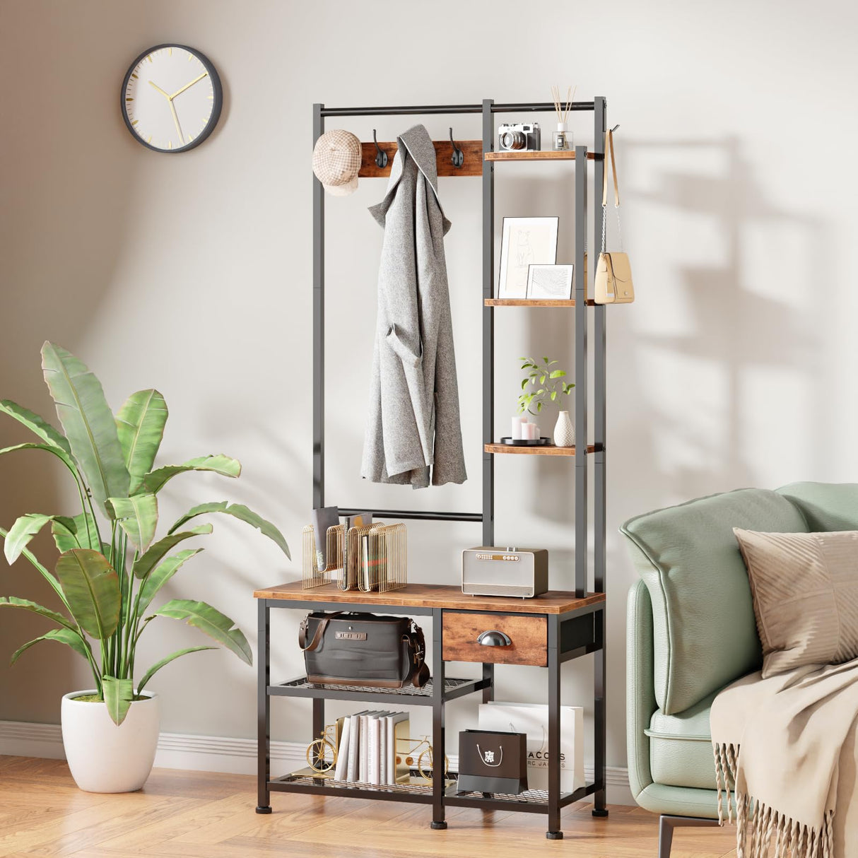 Furologee Coat Rack, Hall Tree with Bench and Shoe Storage, 4 in 1 Entryway Bench, Coat Rack with 3 Shelves and Drawer, Entryway Organizer with 5 Hooks for Hanging, Rustic Brown Furologee