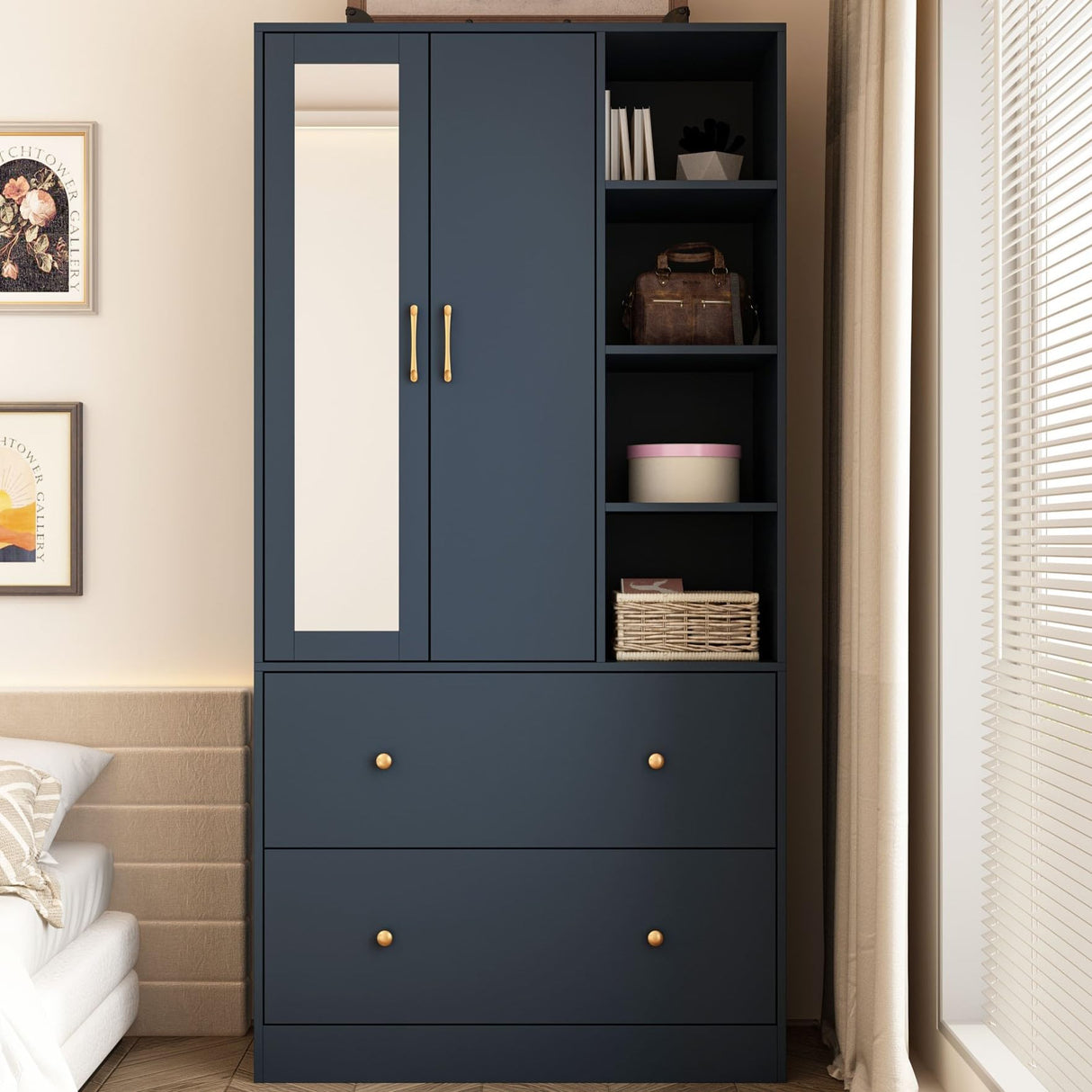 Hitow 2 Door Wardrobe Armoire Closet with Mirror, 35.5" W Wooden Wardrobe Cabinet with Hanging Rod & 2 Drawers, Bedroom Armoire Dresser Clothes Organizer, Blue Hitow