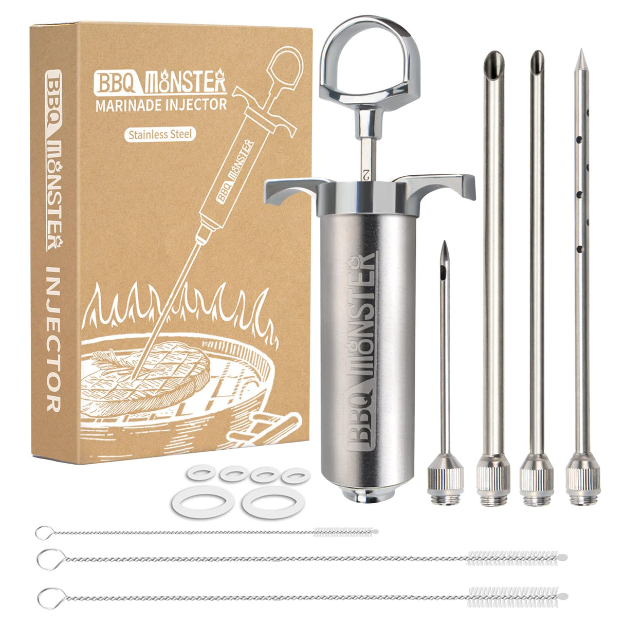 BBQ Monster Meat Injector Syringe Kit with 4 Professional Marinade Injector Needles for BBQ Grill Smoker, Turkey and Brisket; 2-oz Large Capacity, Including Paper User Manual, Recipe E-Book (PDF) OFG