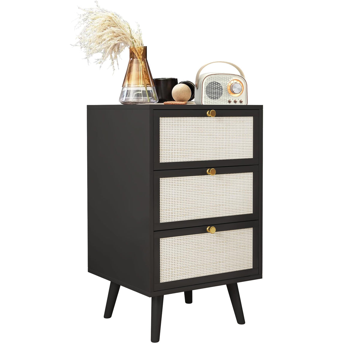 PHOYAL Rattan Nightstand Set of 2, End Table Rattan Bedside Table with Storage 3-Drawer Side Table with 3 Hand Made Rattan Decorated Drawers Wood Accent Table, Black 2 Pack PHOYAL