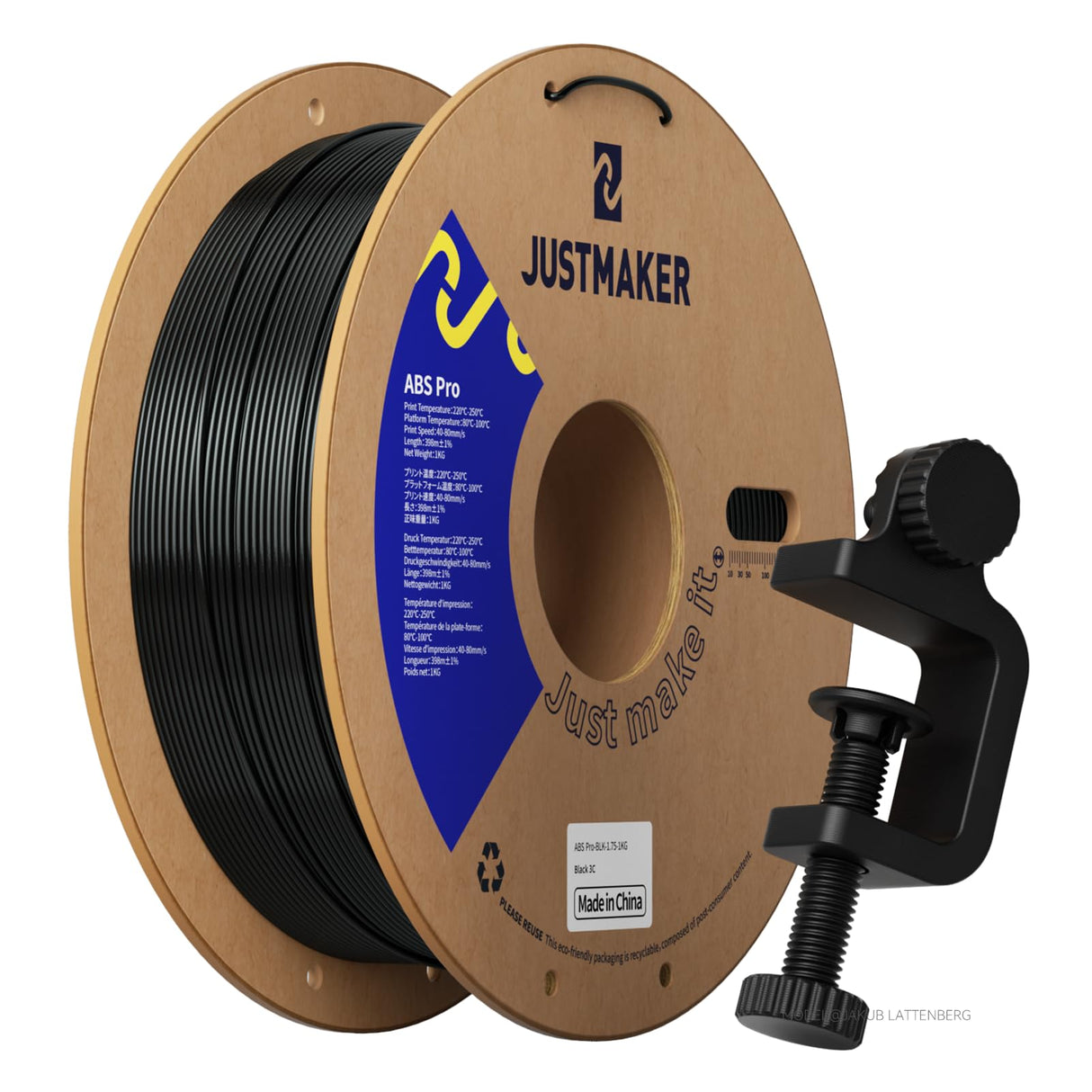 JUSTMAKER ABS PRO (ABS+) 3D Printer Filament, Upgraded Strength Heat Resistant Filament, Cardboard Spool, Dimensional Accuracy +/-0.03mm, 1.75mm, 1 kg (2.2 lbs), Black JUSTMAKER