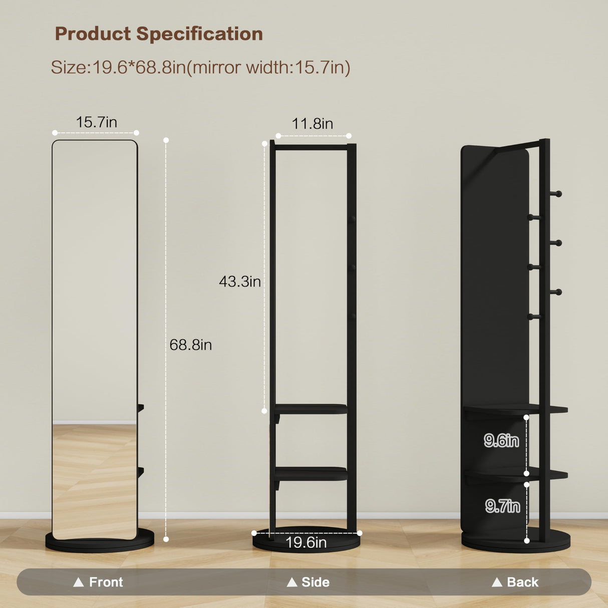 KEIKI Full Length Mirror with Cloak Rack, 68.8"x19.6" Rotatable Full Body Mirror Solid Wood Floor Mirror for Bedroom, Living Room, Dressing Room (Black) KEIKI