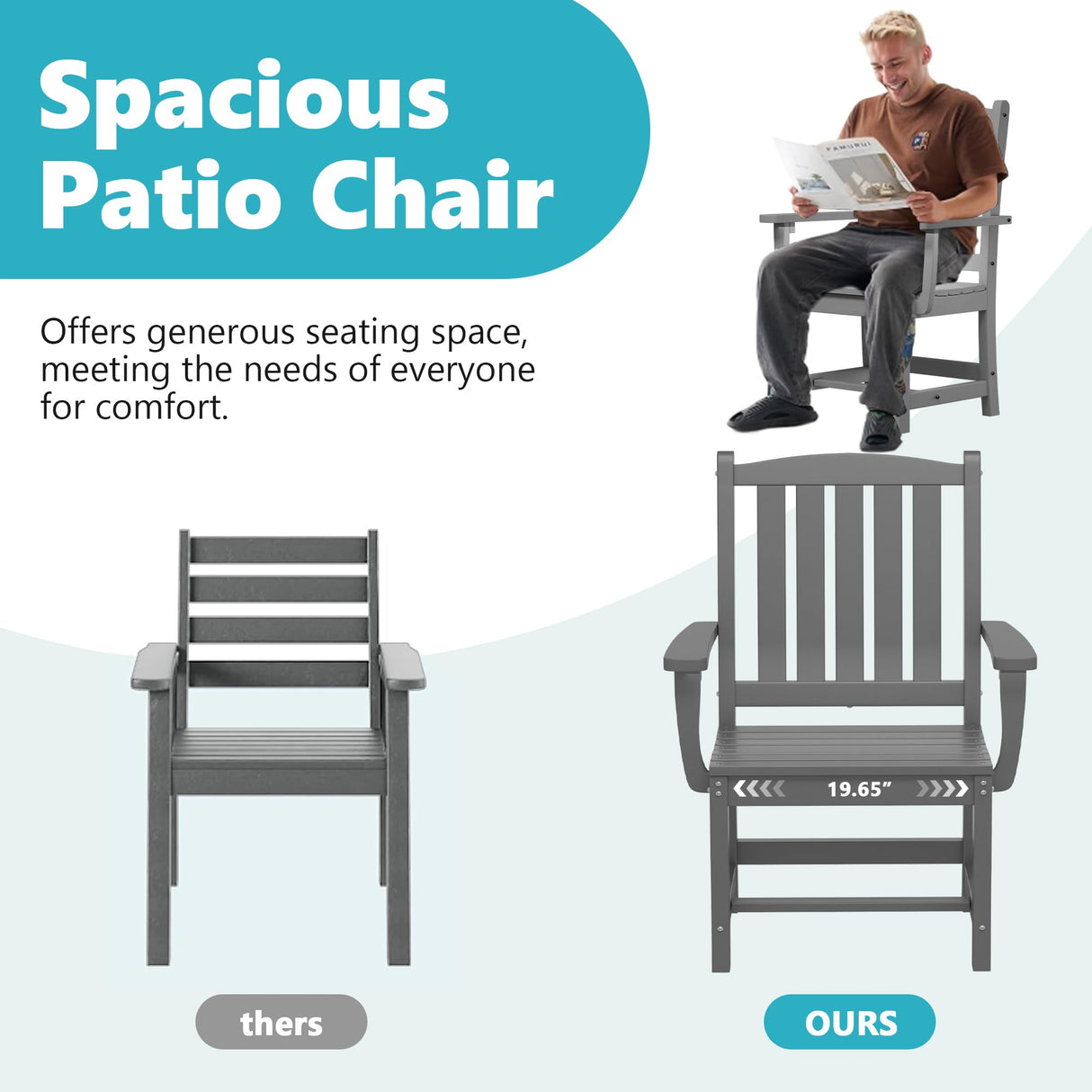 ROCSUMOO 7-Piece HDPE Outdoor Dining Set with 6 Chairs, Rectangular Patio Dining Furniture Set of 6, Modern Dining Table Chairs Set with Umbrella Hole for Poolside, Dark Gray (6 Chairs+1 Table) ROCSUMOO