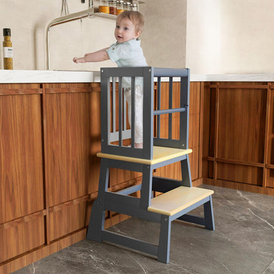 Kids Kitchen Step Stool, Toddler Montessori Learning Standing Tower, Ideal Toddler Kitchen Stool Helper for Bathroom Sink or Kitchen Counter - 2025 Design with 3 Exclusive Upgrades - Gray