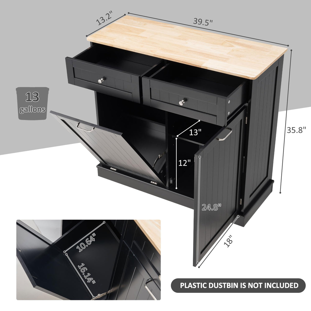 Spurgehom 13 Gallons Tilt Out Trash Cabinet Kitchen Waste Bins Modern Kitchen Trash Cabinet with Adjustable Shelf and Hideaway Drawers, Pet Proof Trash Can Holder for Kitchen Living Room, Black Spurgehom