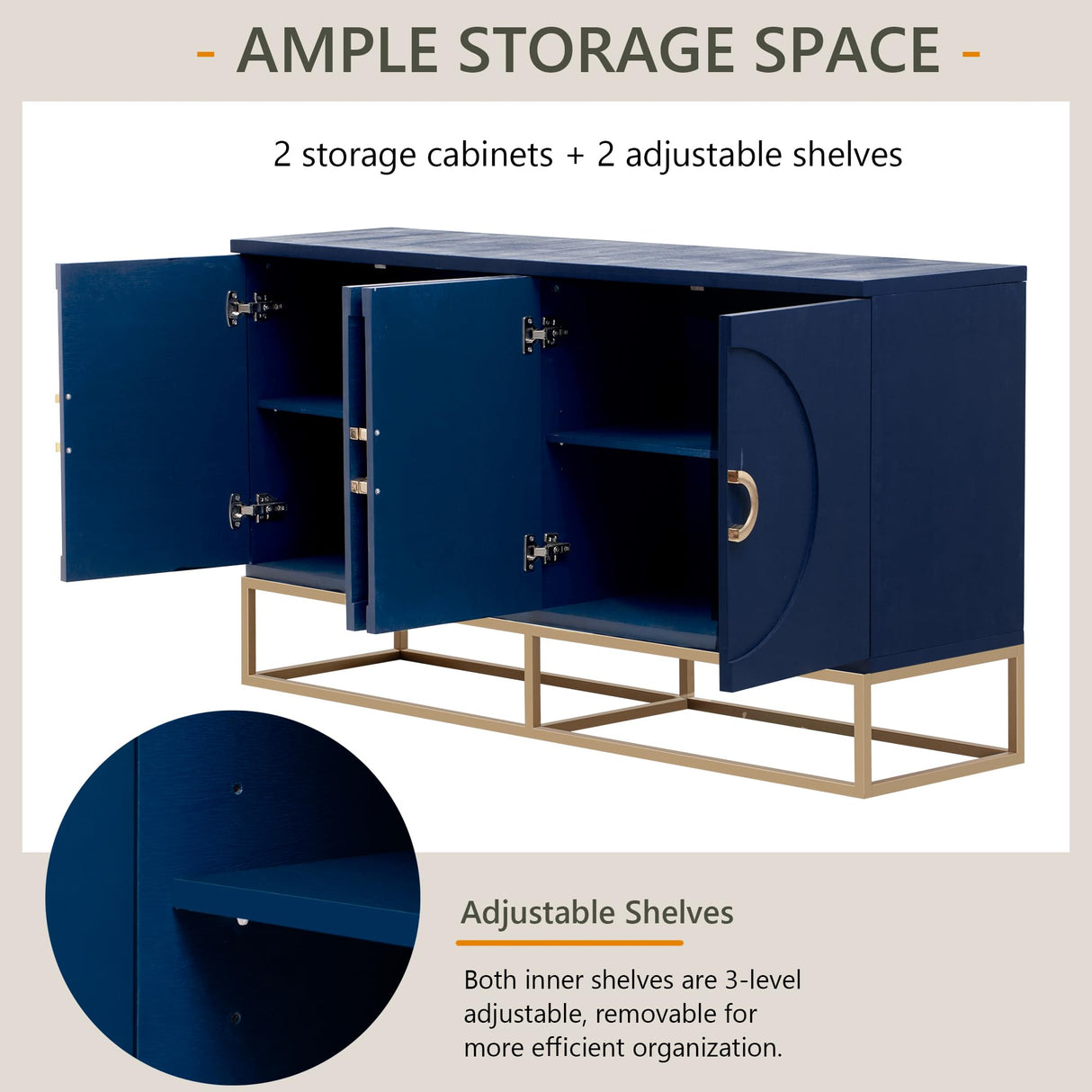 Amposei Sideboard Buffet Cabinet 59.8-Inch Wooden Credenza Console Storage Cabinet Entryway Table Cabinet with Storage & Adjustable Shelves for Living Room Entrance Kitchen, Navy Blue Amposei