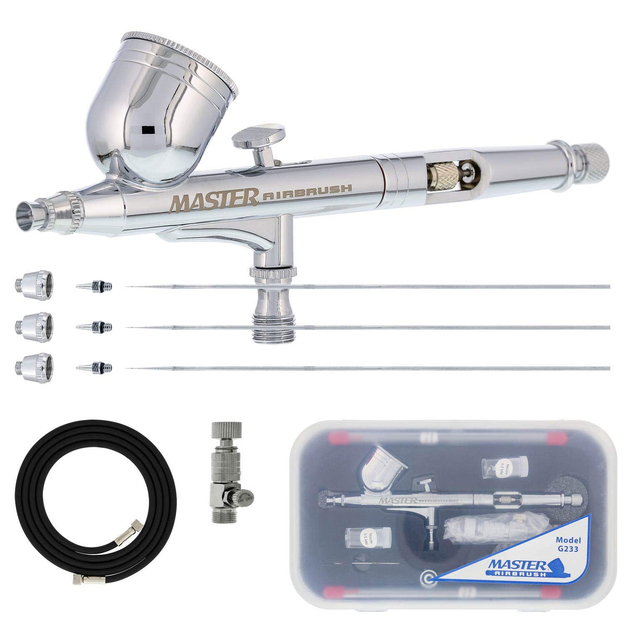 Master Airbrush Master Performance G233 Pro Set with 3 Nozzle Sets (0.2, 0.3 & 0.5mm Needles, Fluid Tips and Air Caps) and Air Hose - Dual-Action Gravity Feed Airbrush with 1/3 oz Cup, Cutaway Handle Master Airbrush