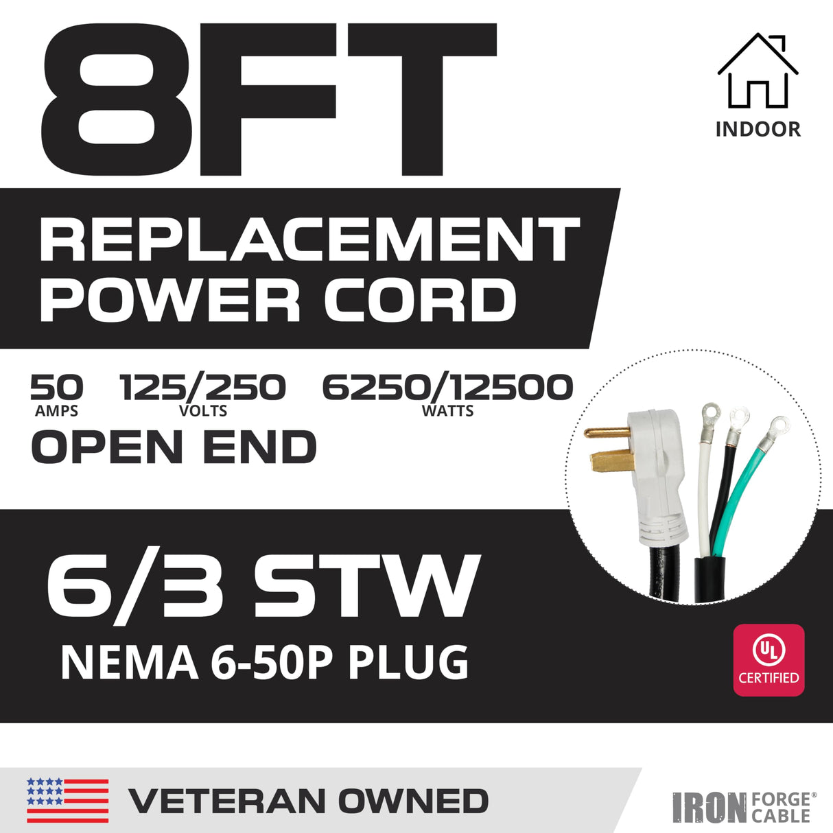 Iron Forge Cable NEMA 6-50 EV Replacement Extension Cord 8 ft with Open End, 50 Amp Power Cord with Eyelet 3 Wire 6/3 Gauge Cord - STW 250V for Level 2 EV Charger & Welder UL Certified IRON FORGE CABLE
