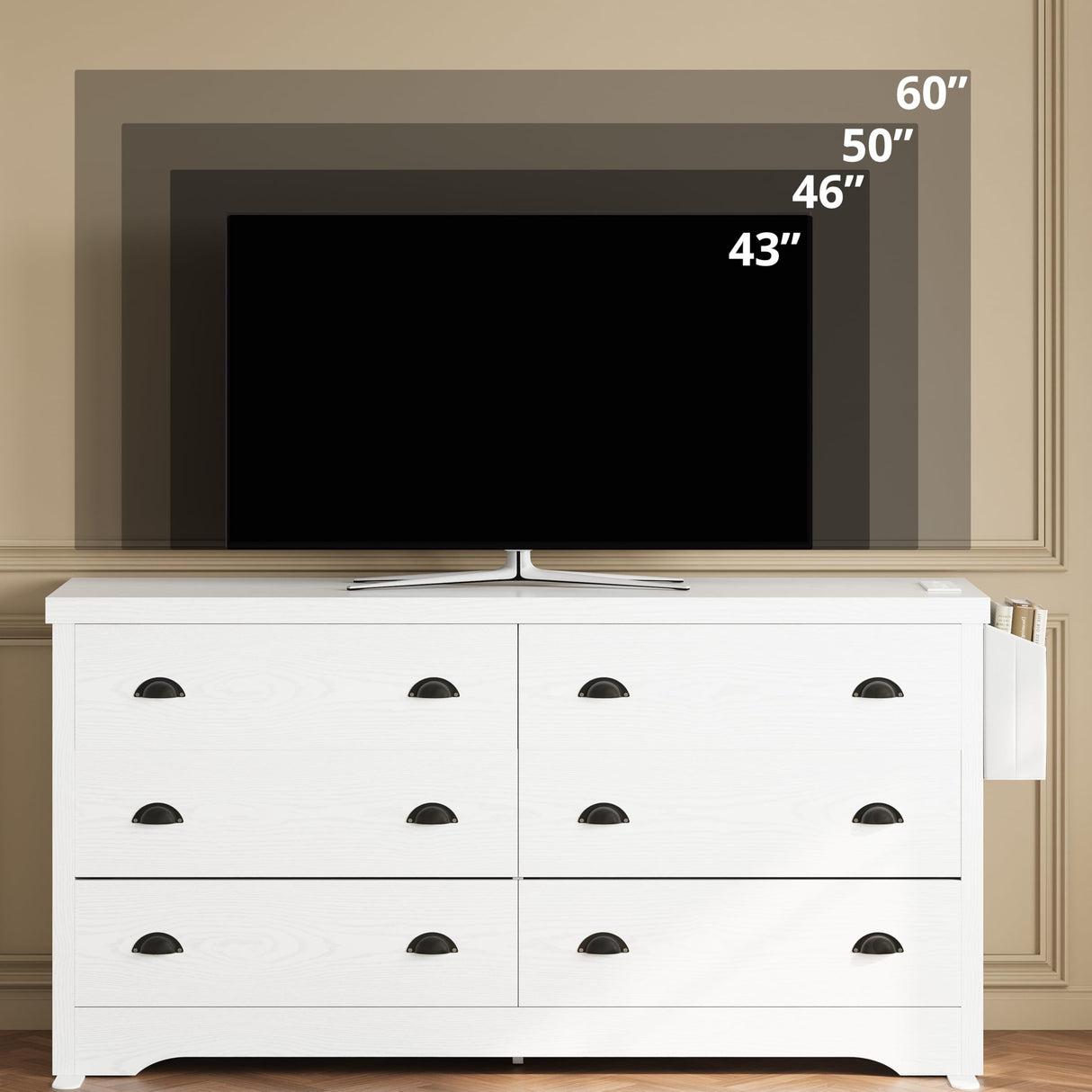 LIKIMIO Dresser for Bedroom 6 Drawer with Charging Station, TV Stand Storage Chest of Drawers for Living Room Hallway Entryway, MDF Board, 59 Inches White LIKIMIO