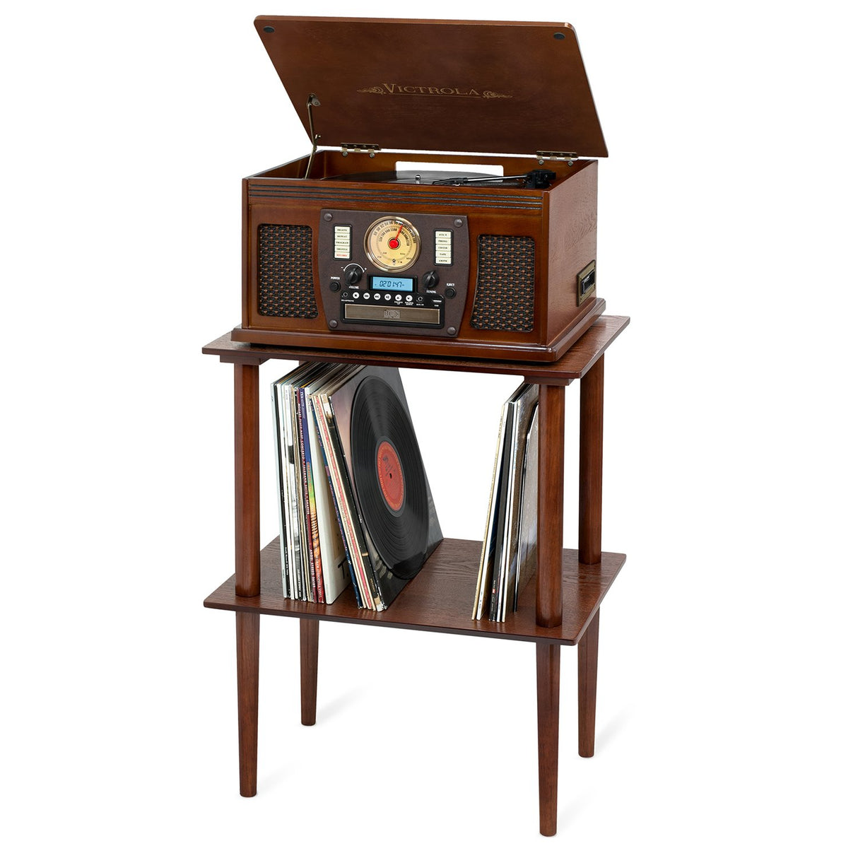 Victrola Wooden Stand for Wooden Music Centers with Record Holder Shelf, 20.75"D x 27"W x 13.75"H, Espresso Victrola