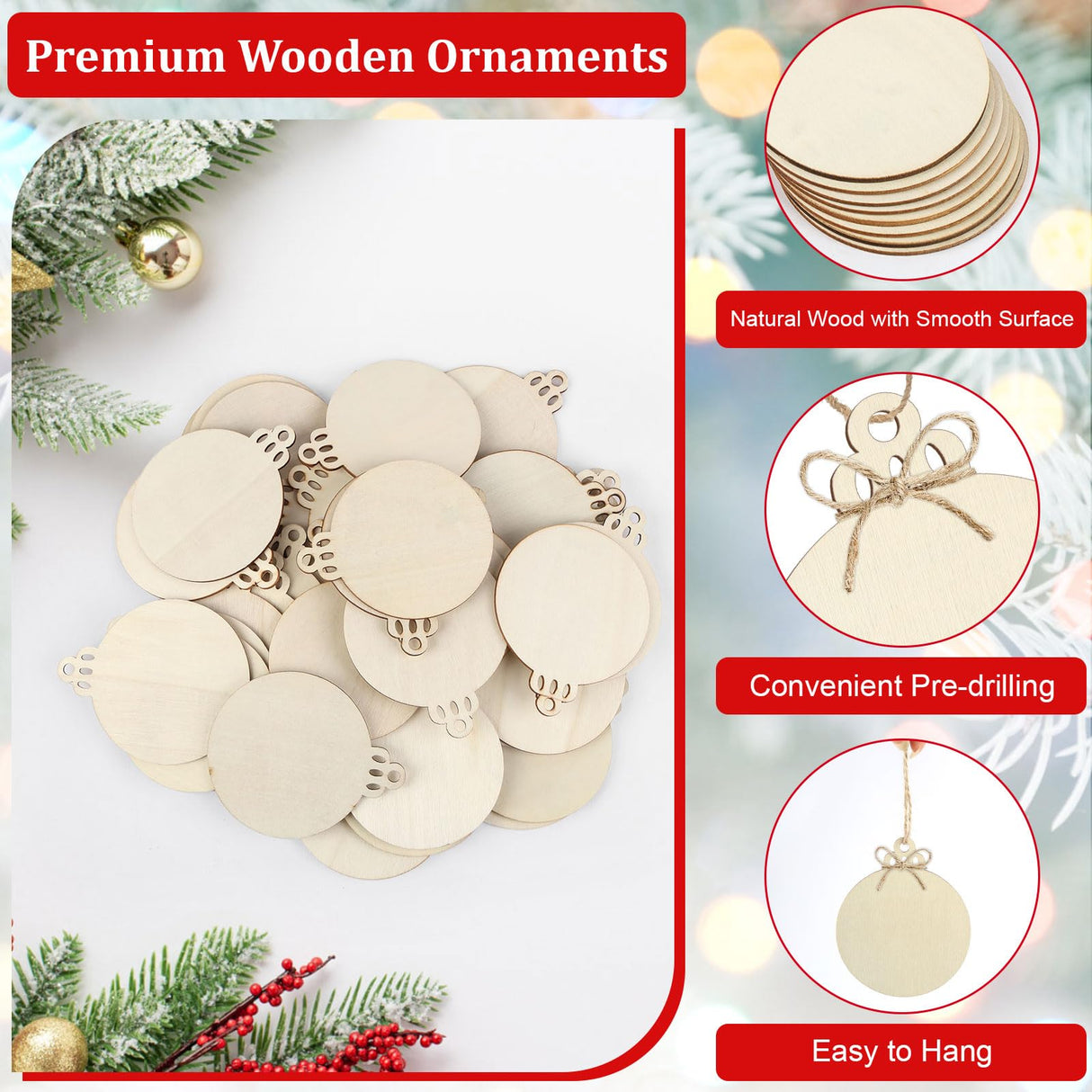 50 PCS Wooden Christmas Ornaments, 3 Inch DIY Wood Ornament for Crafts, Unfinished Wood Ornament to Paint, Blank Round Wooden Ornaments, Make Your Own Paintable Wood Slice MOWPOG