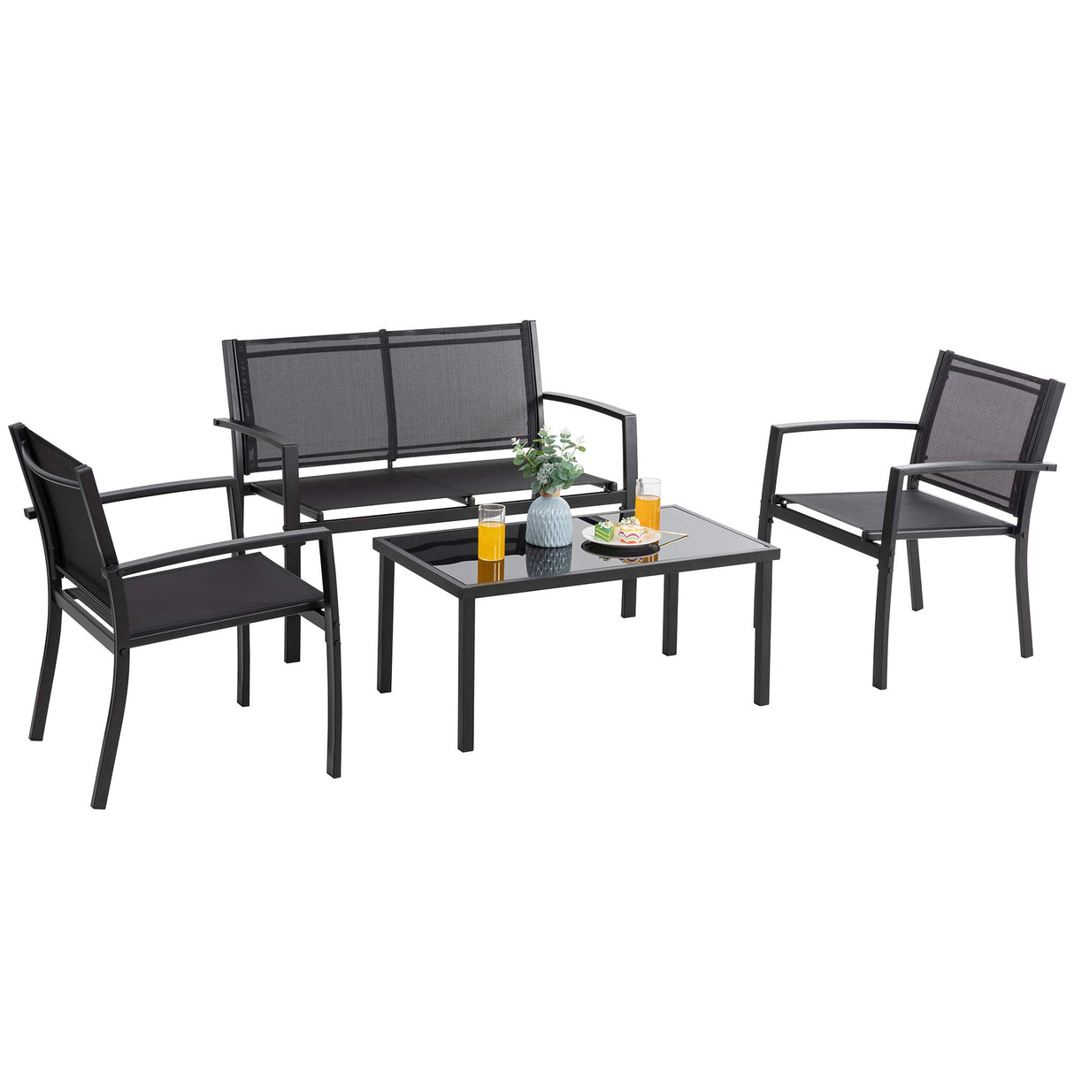 Vongrasig 4 Pieces Patio Furniture Sets,Outdoor Patio Conversation Sets with Glass Coffee Table, Small Porch Balcony Furniture, Patio Table and Chairs Set for Garden, Backyard (Black) Vongrasig