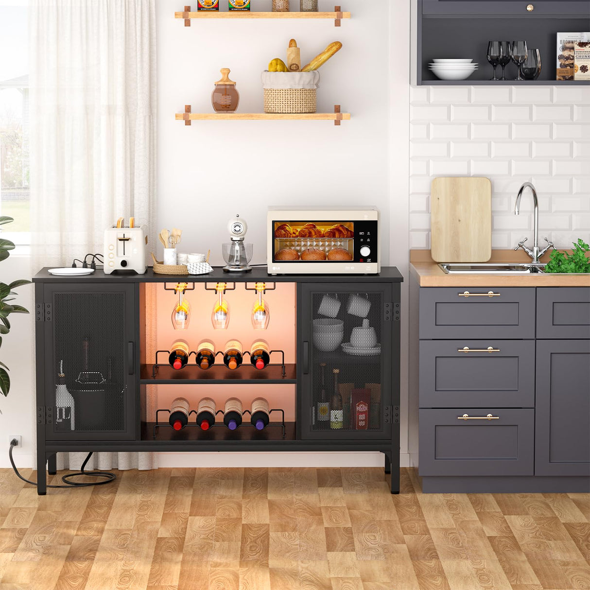 Homieasy Wine Bar Cabinet with Power Outlets & LED Lights, Industrial Liquor Cabinet with Adjustable Wine Racks, Coffee Station Cabinets with Storage for Kitchen/Home, Black Homieasy