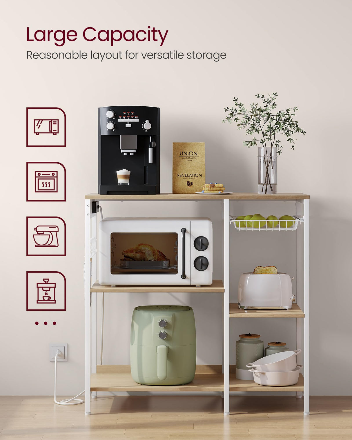 VASAGLE Baker's Rack, Coffee Bar Stand with Charging Station, Storage Shelves, Pull-Out Wire Basket, Table for Microwave, Kitchen, Oak Beige UKKS036Y09, 15.7 x 35.4 x 35.6 Inches VASAGLE