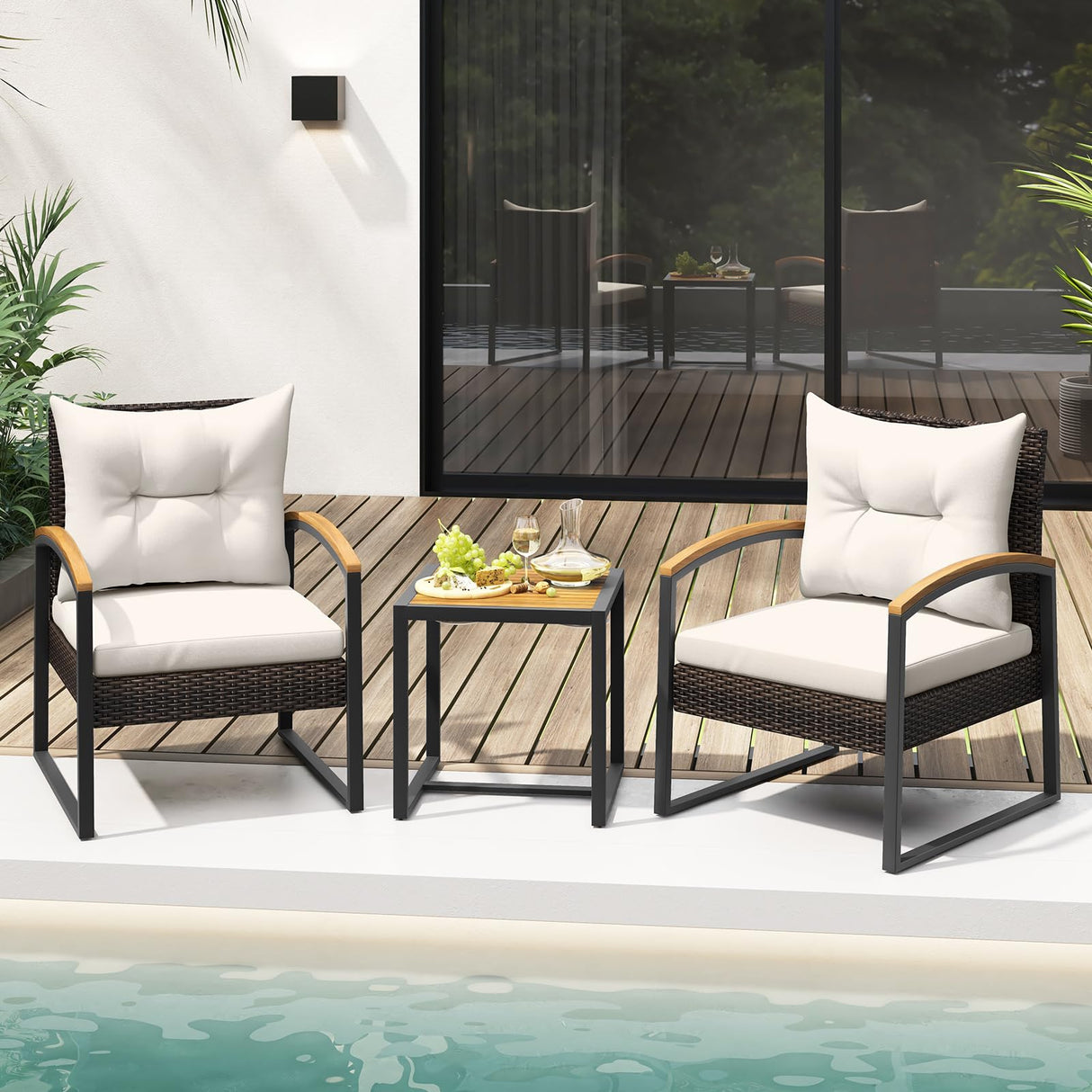 Tangkula 3 Piece Patio Conversation Set, Includes 2 Rattan Chairs and Coffee Table, Solid Acacia Wood Armrests & Tabletop, Outdoor Cushioned Wicker Furniture Set for Backyard, Poolside, Lawn, Garden Tangkula