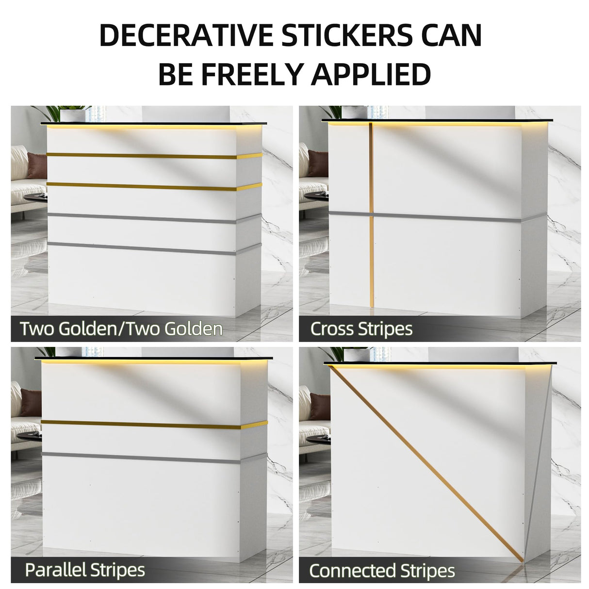 OUTGUAVA Modern Front Desk & Reception Desk with LED Lighting, 50-inch Retail Counter with Power Socket, DIY Stripe for Checkout, Lobby, Salon, Offices - White OUTGUAVA