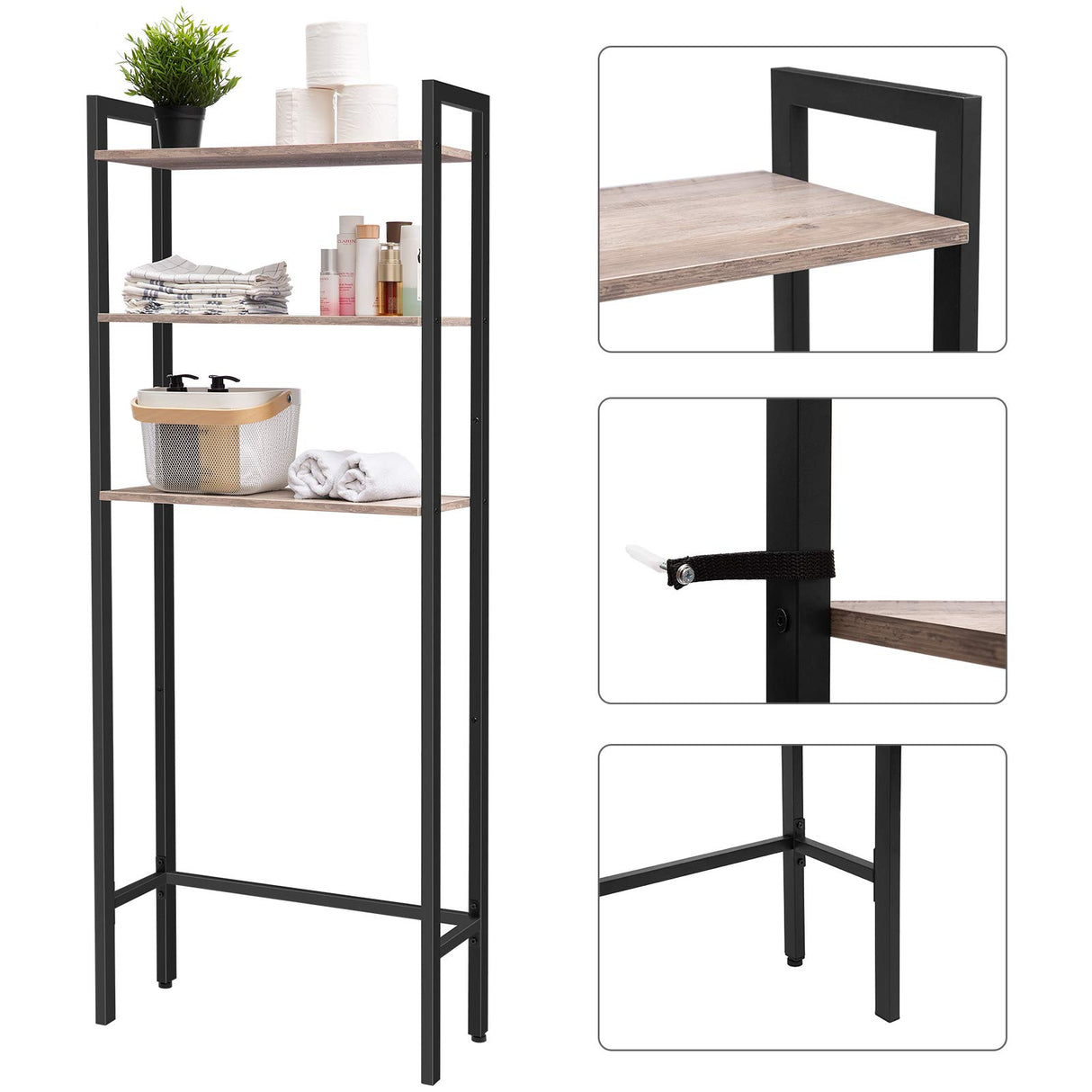 HOOBRO Over The Toilet Storage, 3-Tier Bathroom Organizer Shelf Over Toilet, Freestanding Bathroom Storage Shelves, Space Saver, Easy to Assemble for Room, Greige and Black BG41TS01 HOOBRO